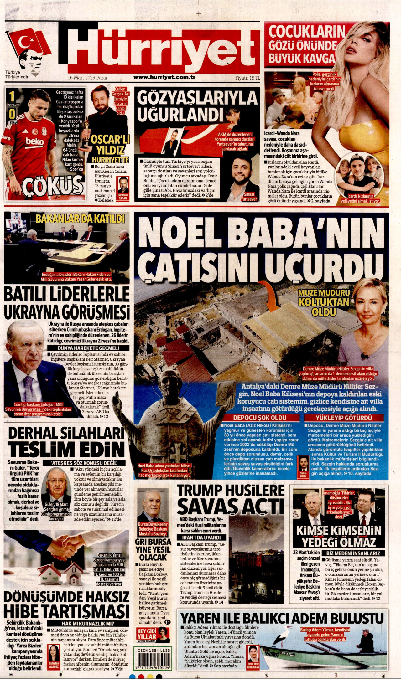HÜRRİYET gazetesinin 16 Mart 2025 tarihli birinci sayfası