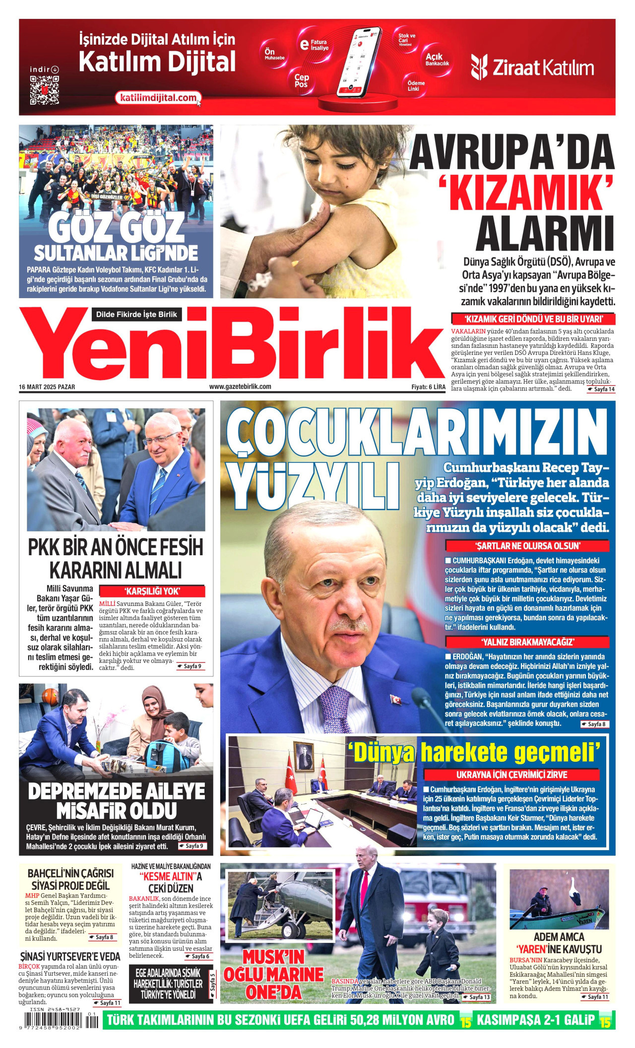 YENİBİRLİK gazetesinin 16 Mart 2025 tarihli birinci sayfası
