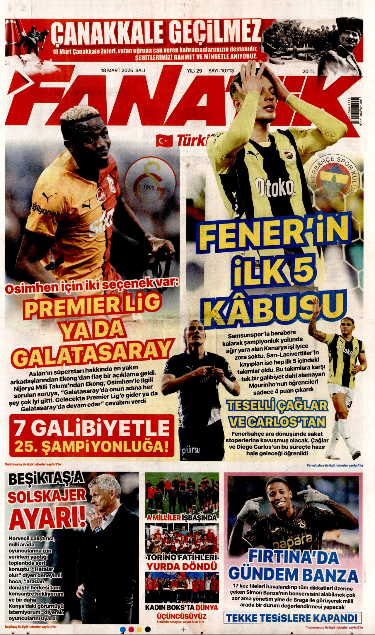 FANATİK gazetesinin 18 Mart 2025 tarihli birinci sayfası
