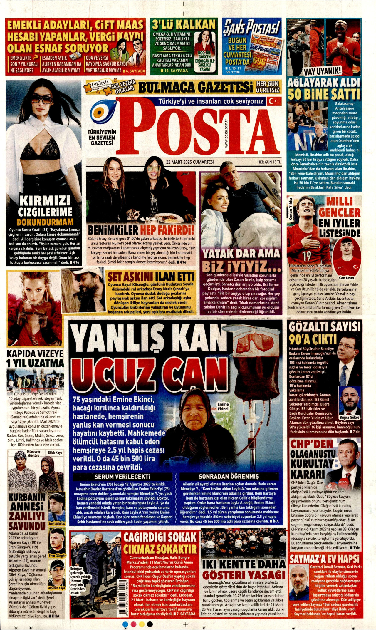 POSTA gazetesinin 22 Mart 2025 tarihli birinci sayfası