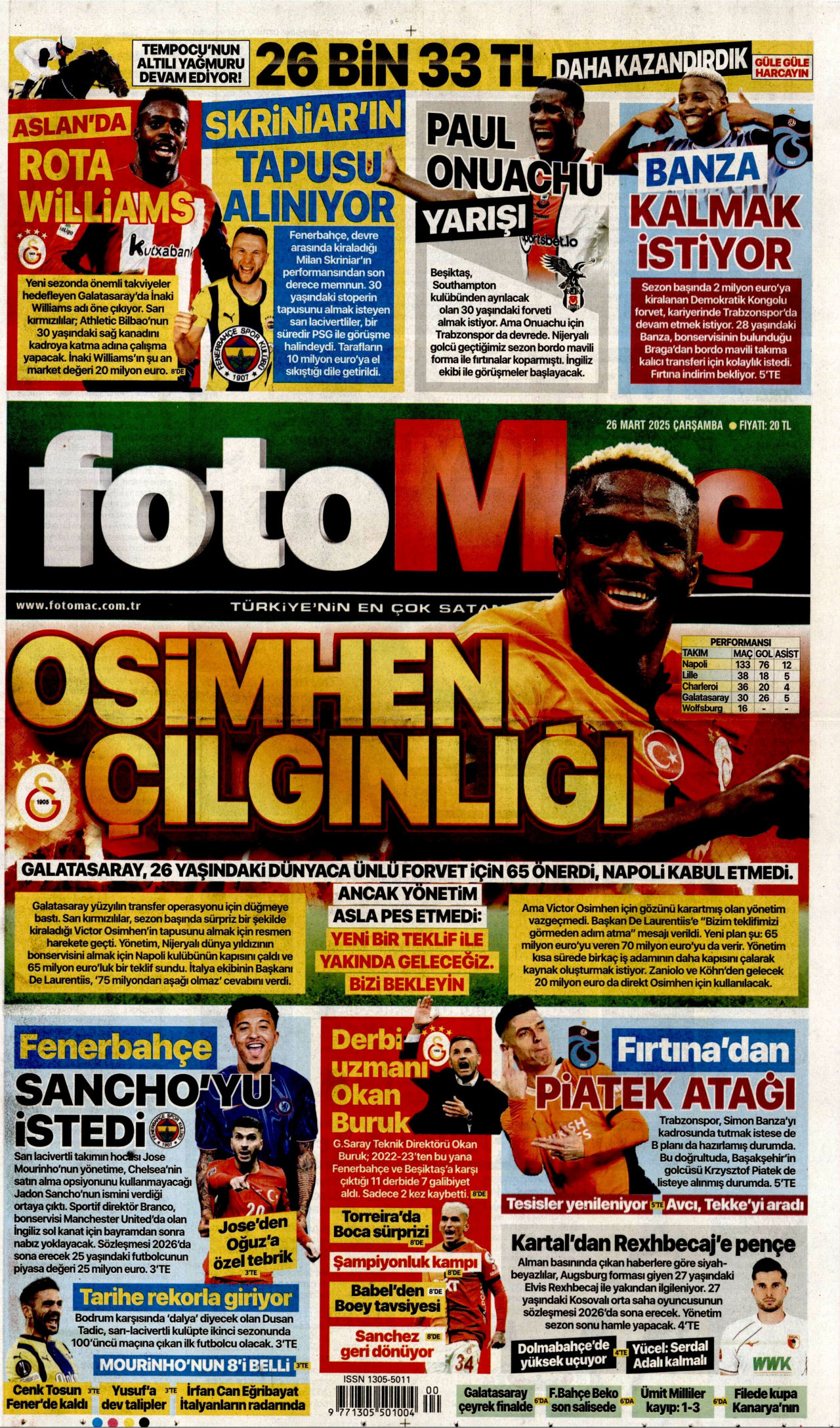 FOTOMAÇ gazetesinin 26 Mart 2025 tarihli birinci sayfası