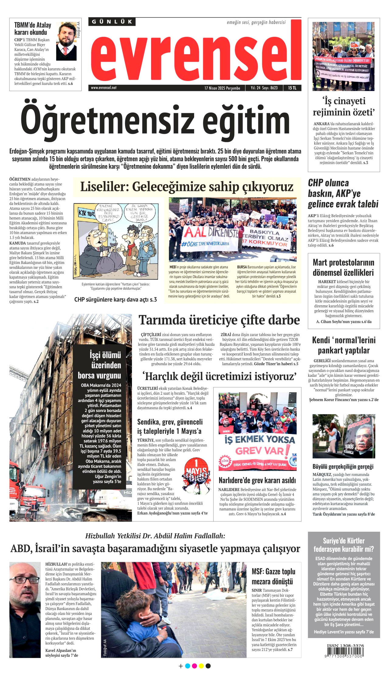 EVRENSEL gazetesinin 17 Nisan 2025 tarihli birinci sayfası