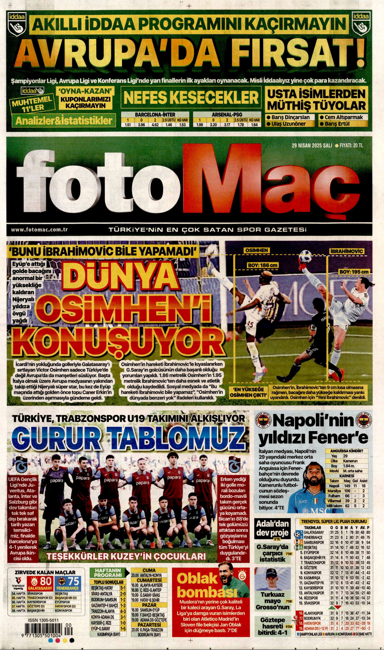 FOTOMAÇ gazetesinin 29 Nisan 2025 tarihli birinci sayfası