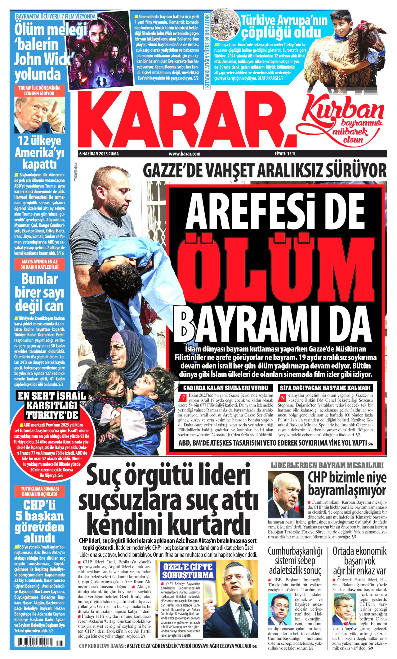 KARAR gazetesinin 6 Haziran 2025 tarihli birinci sayfası