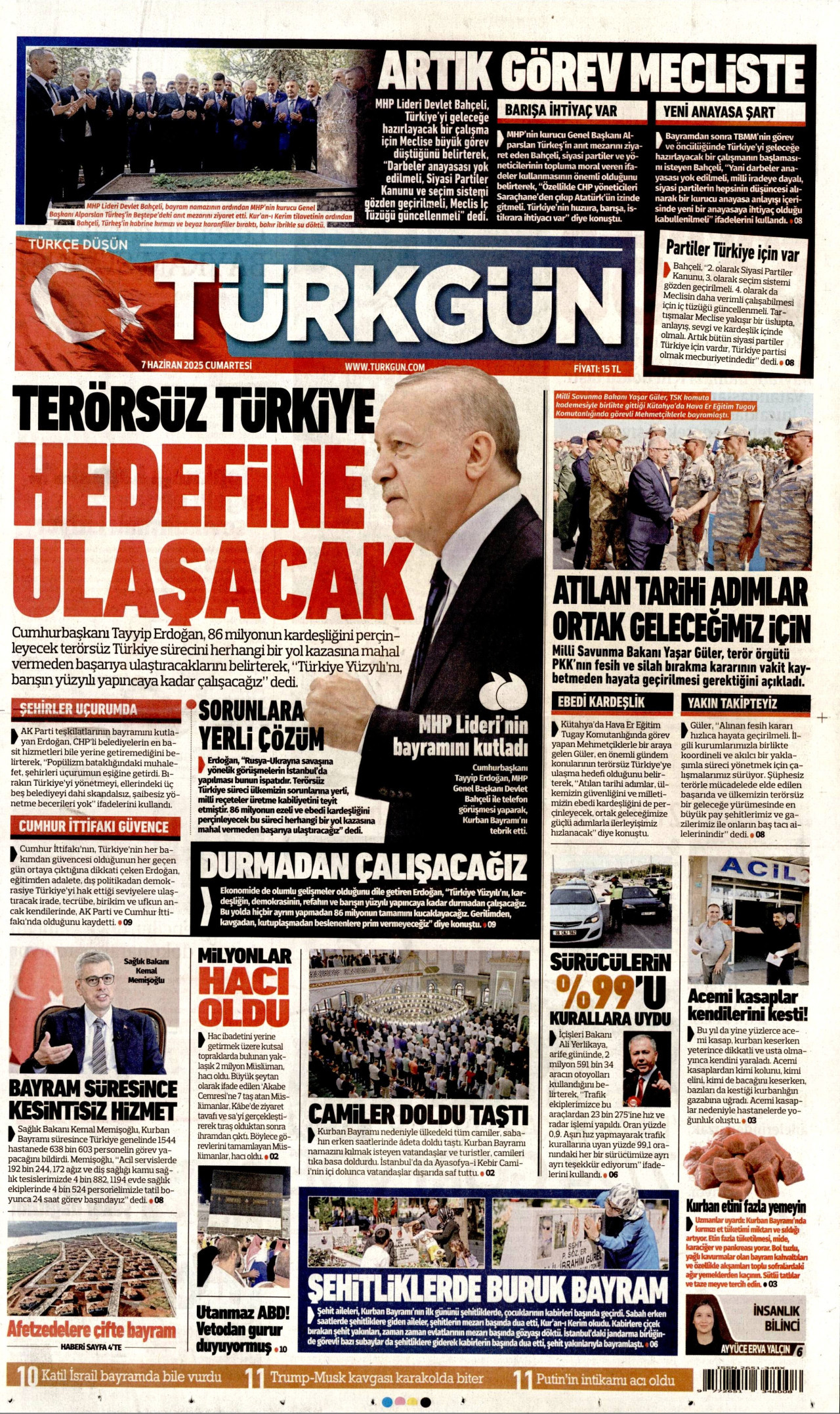TÜRKGÜN gazetesinin 7 Haziran 2025 tarihli birinci sayfası