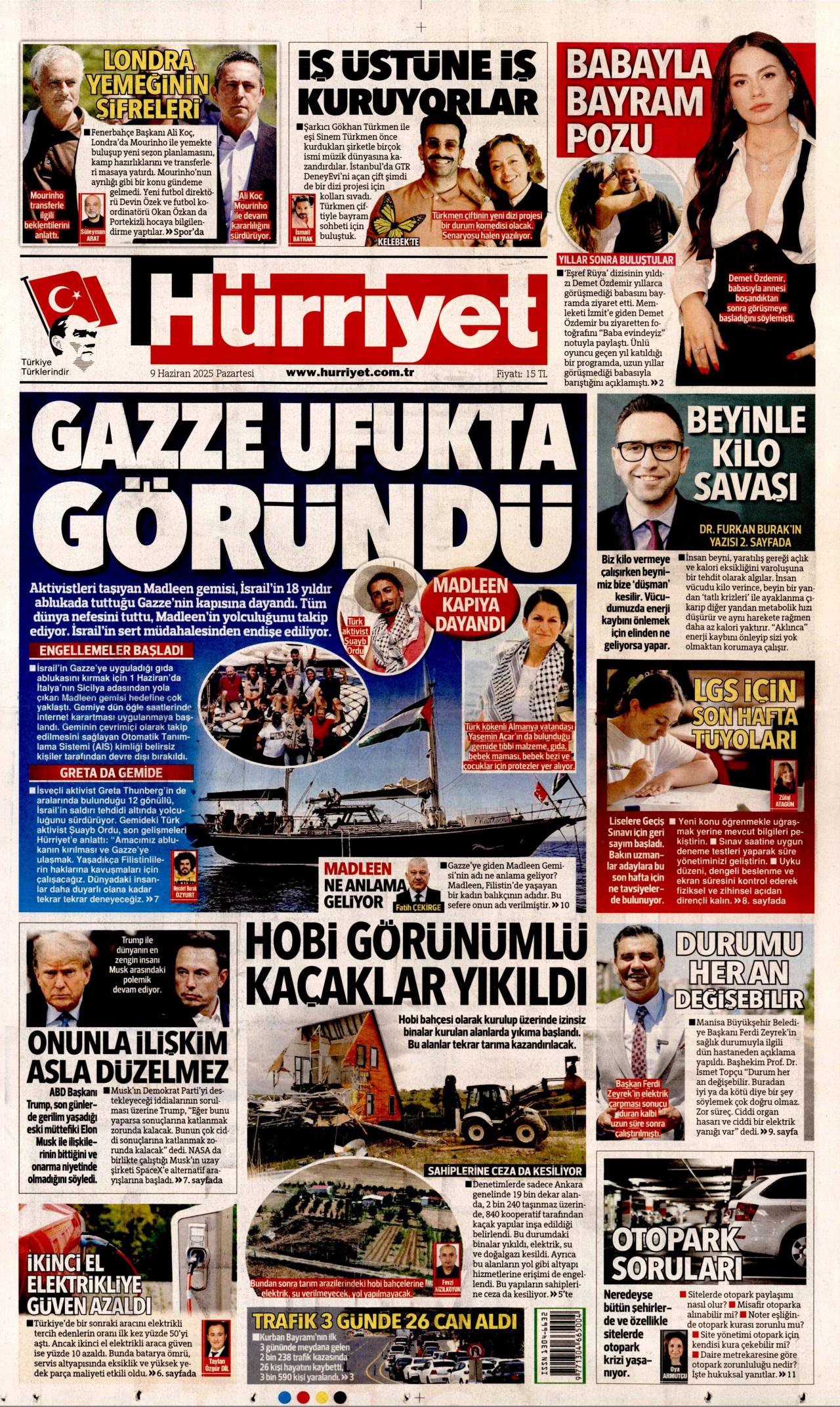 HÜRRİYET gazetesinin 9 Haziran 2025 tarihli birinci sayfası