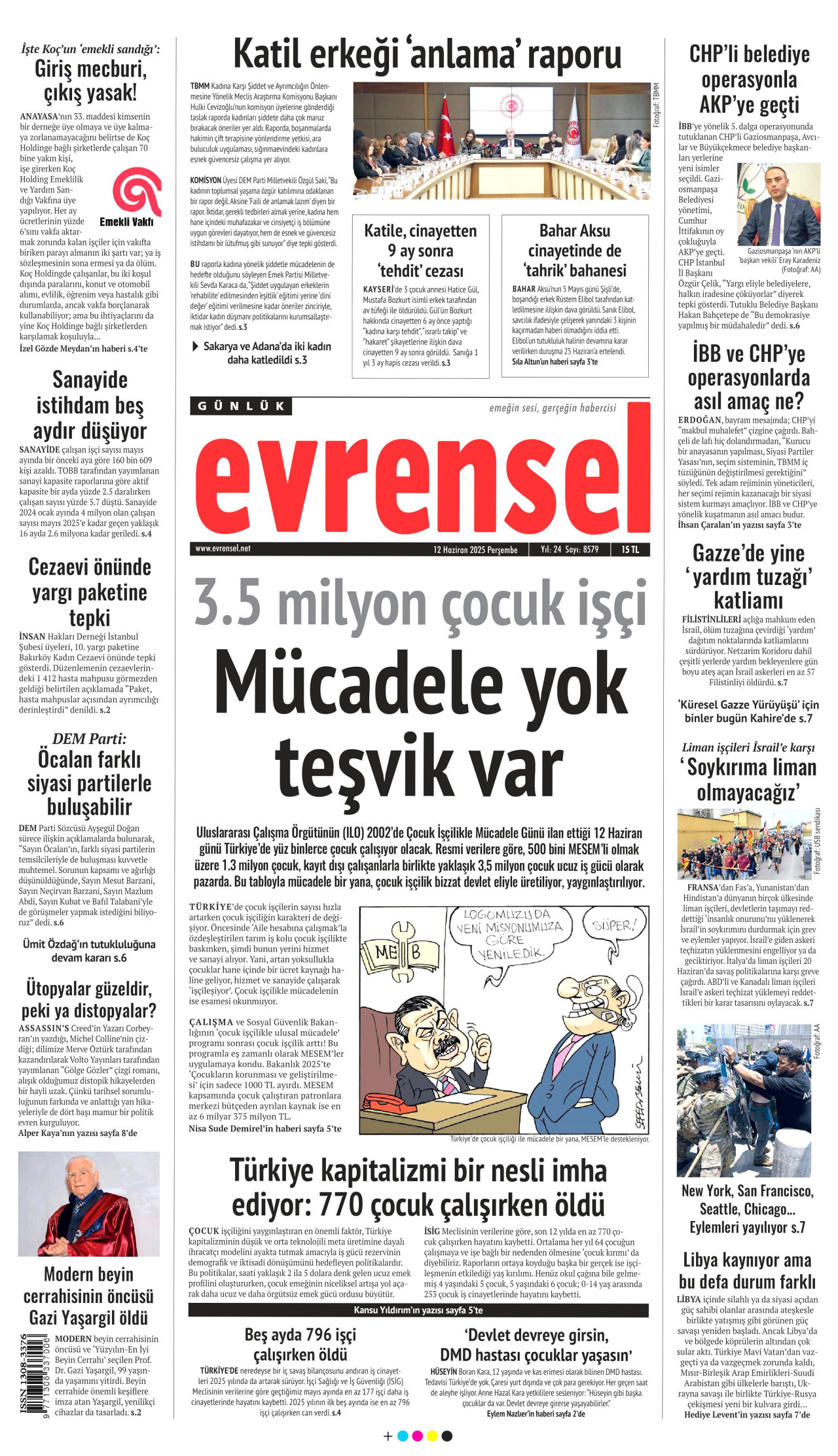EVRENSEL gazetesinin 12 Haziran 2025 tarihli birinci sayfası