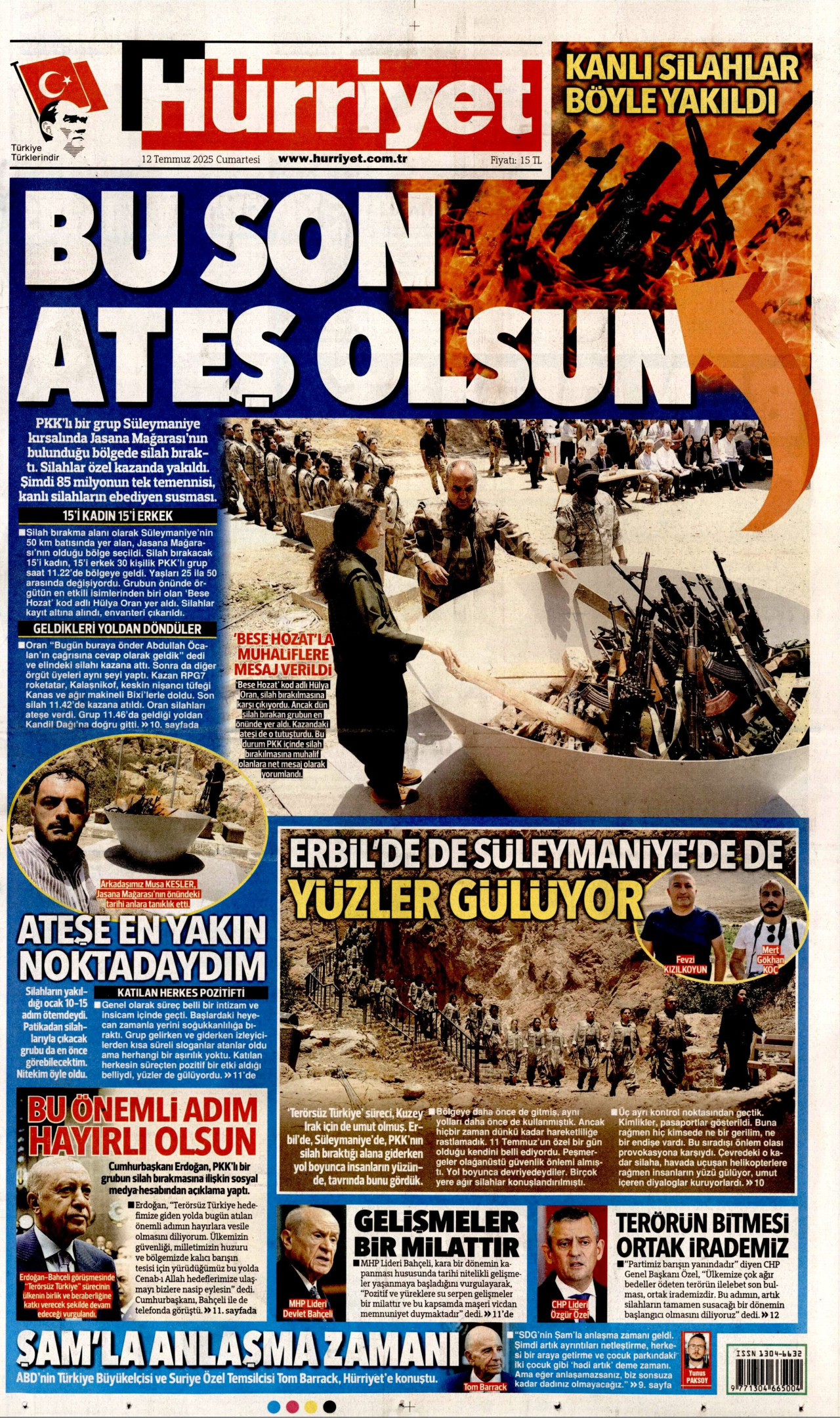 HÜRRİYET gazetesinin 12 Temmuz 2025 tarihli birinci sayfası