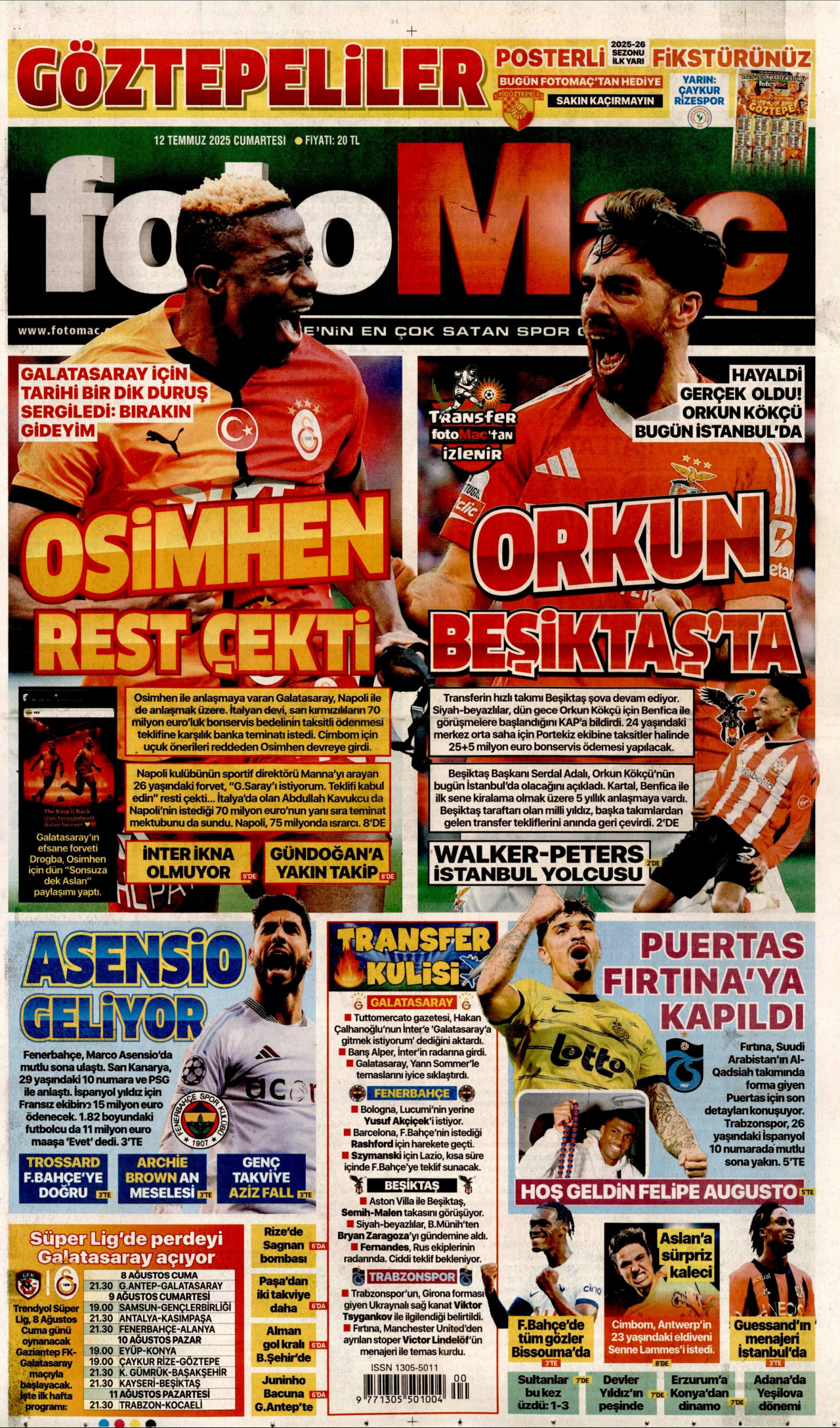 FOTOMAÇ gazetesinin 12 Temmuz 2025 tarihli birinci sayfası