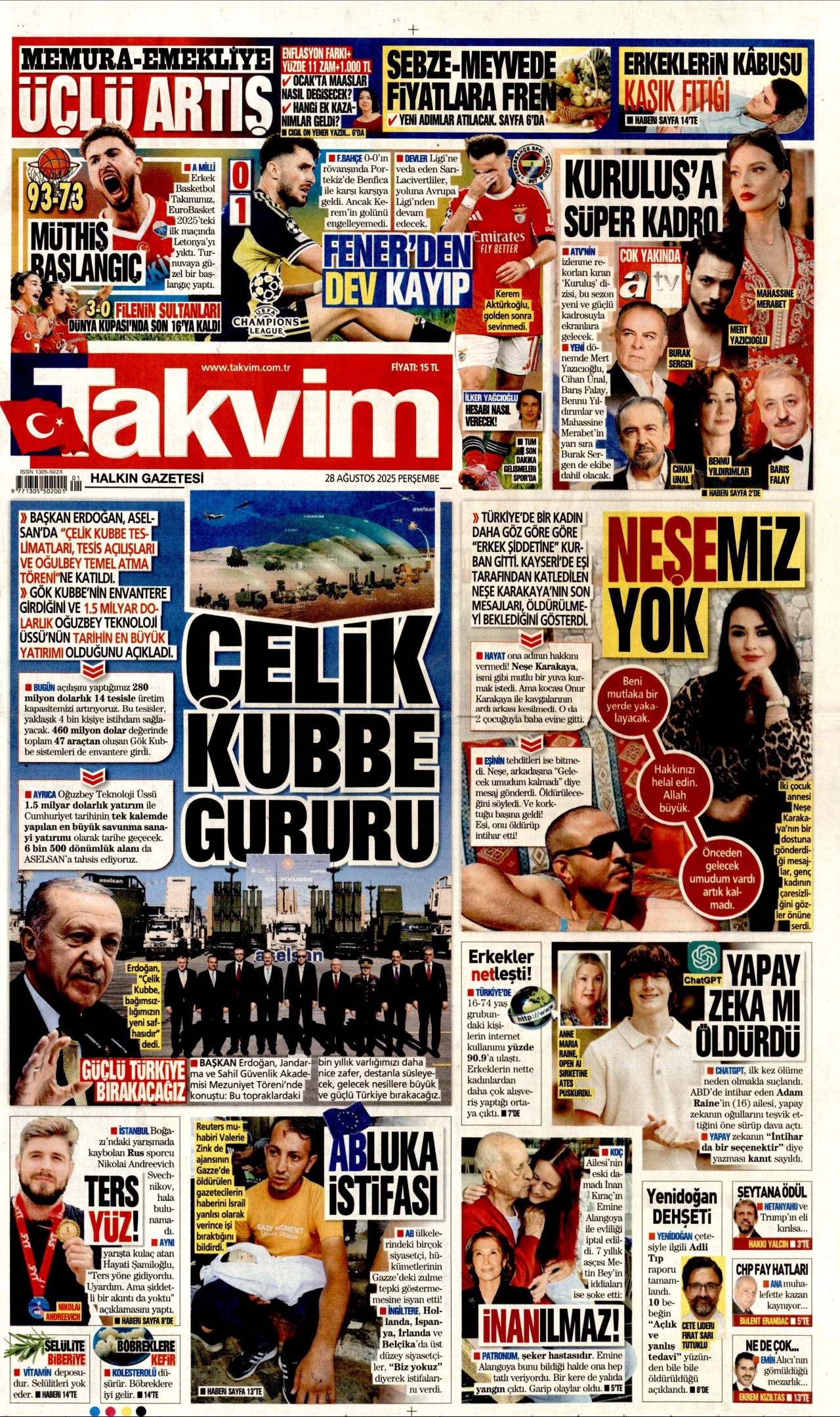 TAKVİM gazetesinin 28 Ağustos 2025 tarihli birinci sayfası