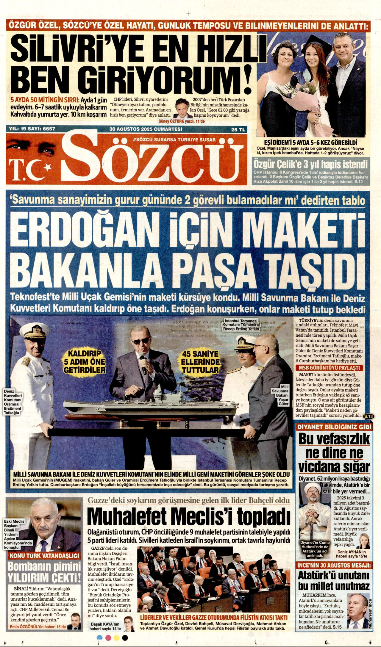 SÖZCÜ gazetesinin 30 Ağustos 2025 tarihli birinci sayfası