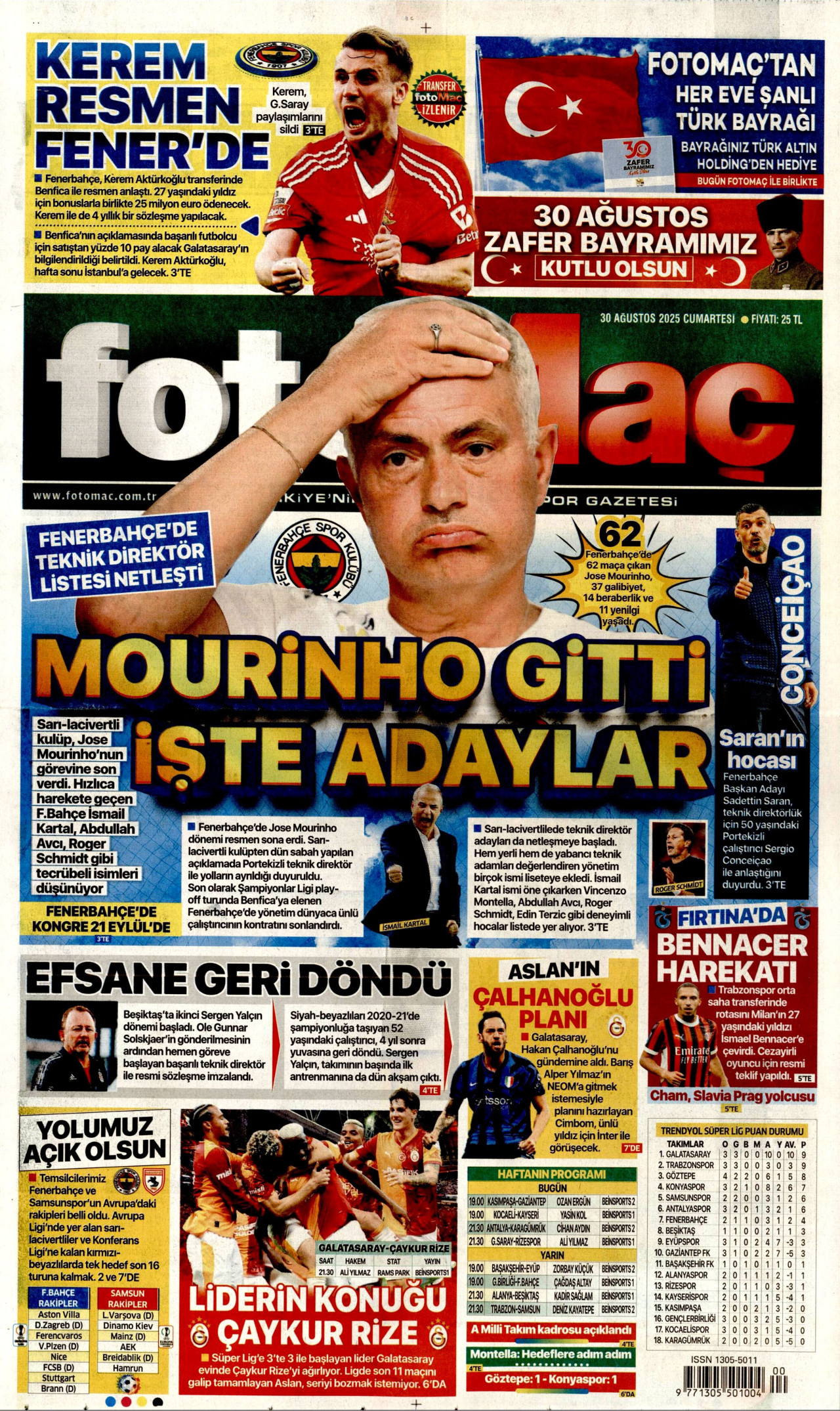 FOTOMAÇ gazetesinin 30 Ağustos 2025 tarihli birinci sayfası