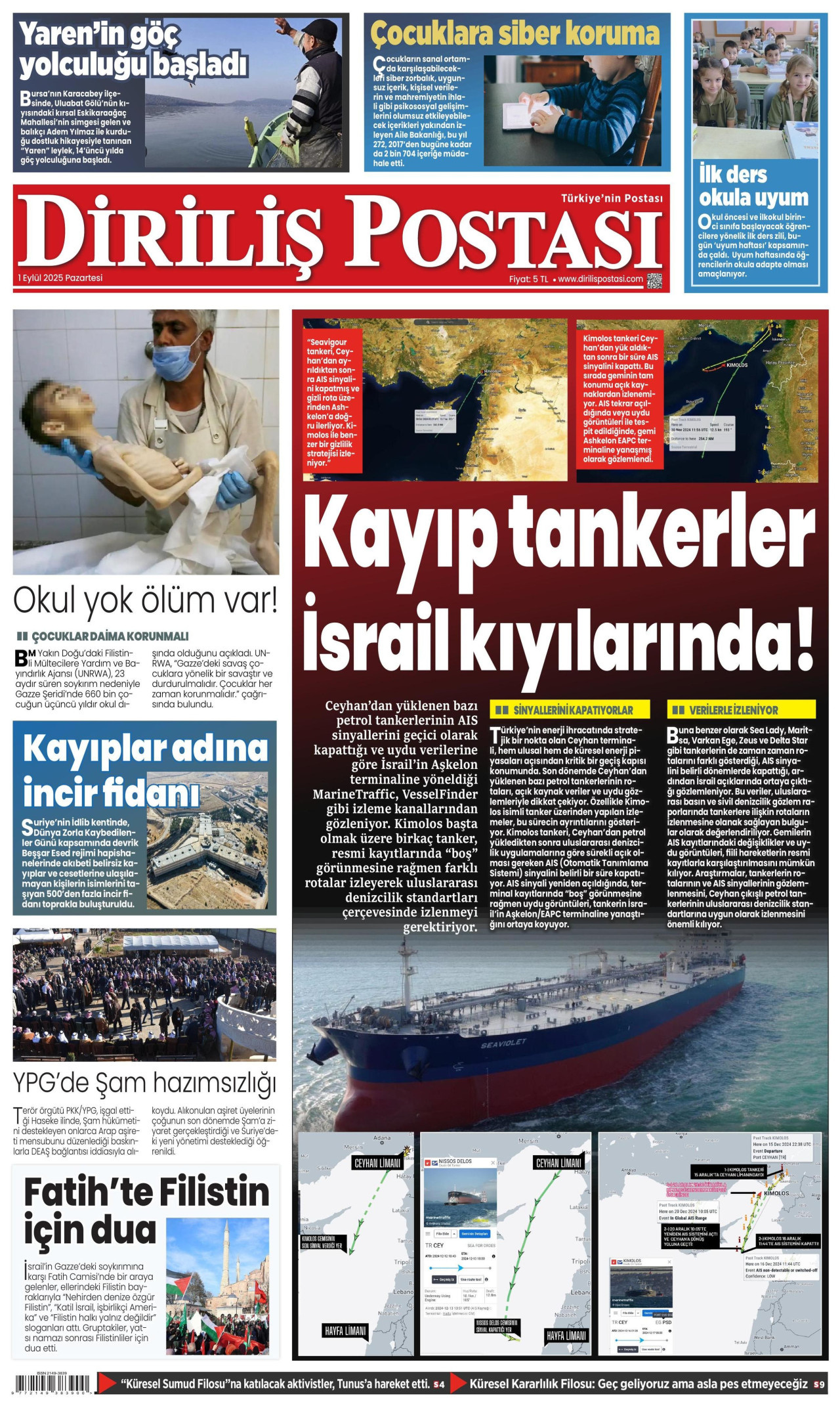 DİRİLİŞ POSTASI gazetesinin 1 Eylül 2025 tarihli birinci sayfası