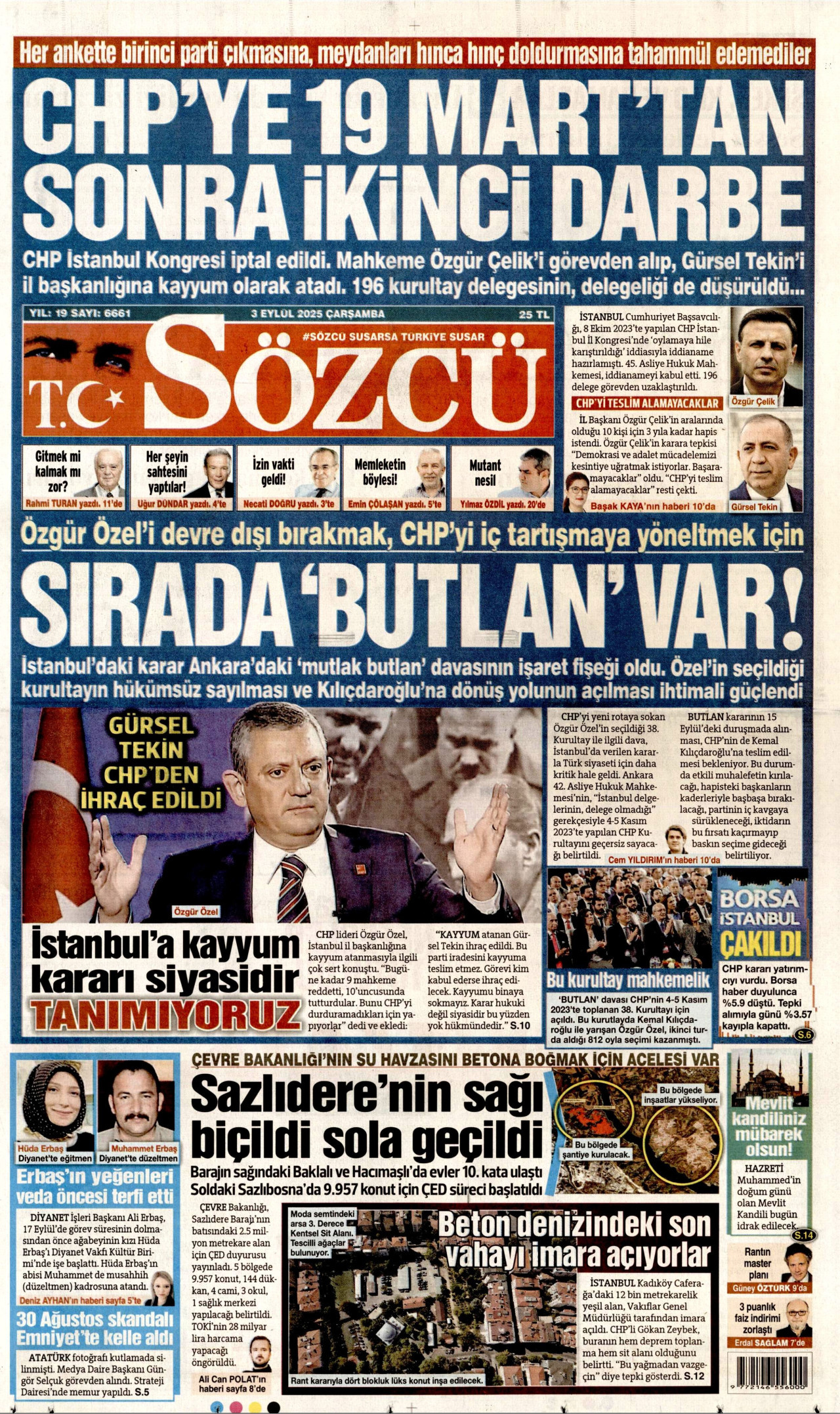 SÖZCÜ gazetesinin 3 Eylül 2025 tarihli birinci sayfası