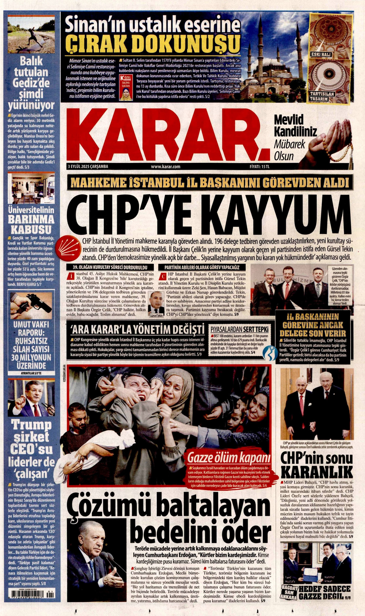 KARAR gazetesinin 3 Eylül 2025 tarihli birinci sayfası