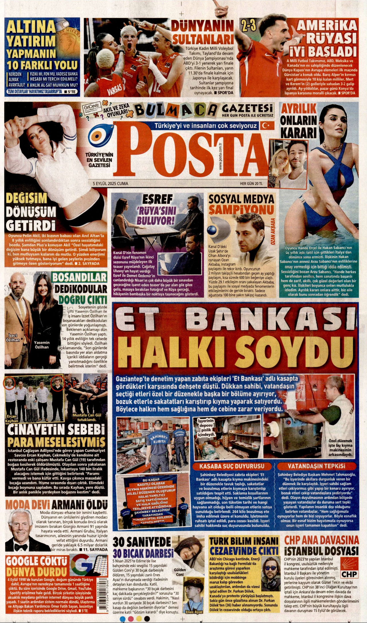POSTA gazetesinin 5 Eylül 2025 tarihli birinci sayfası
