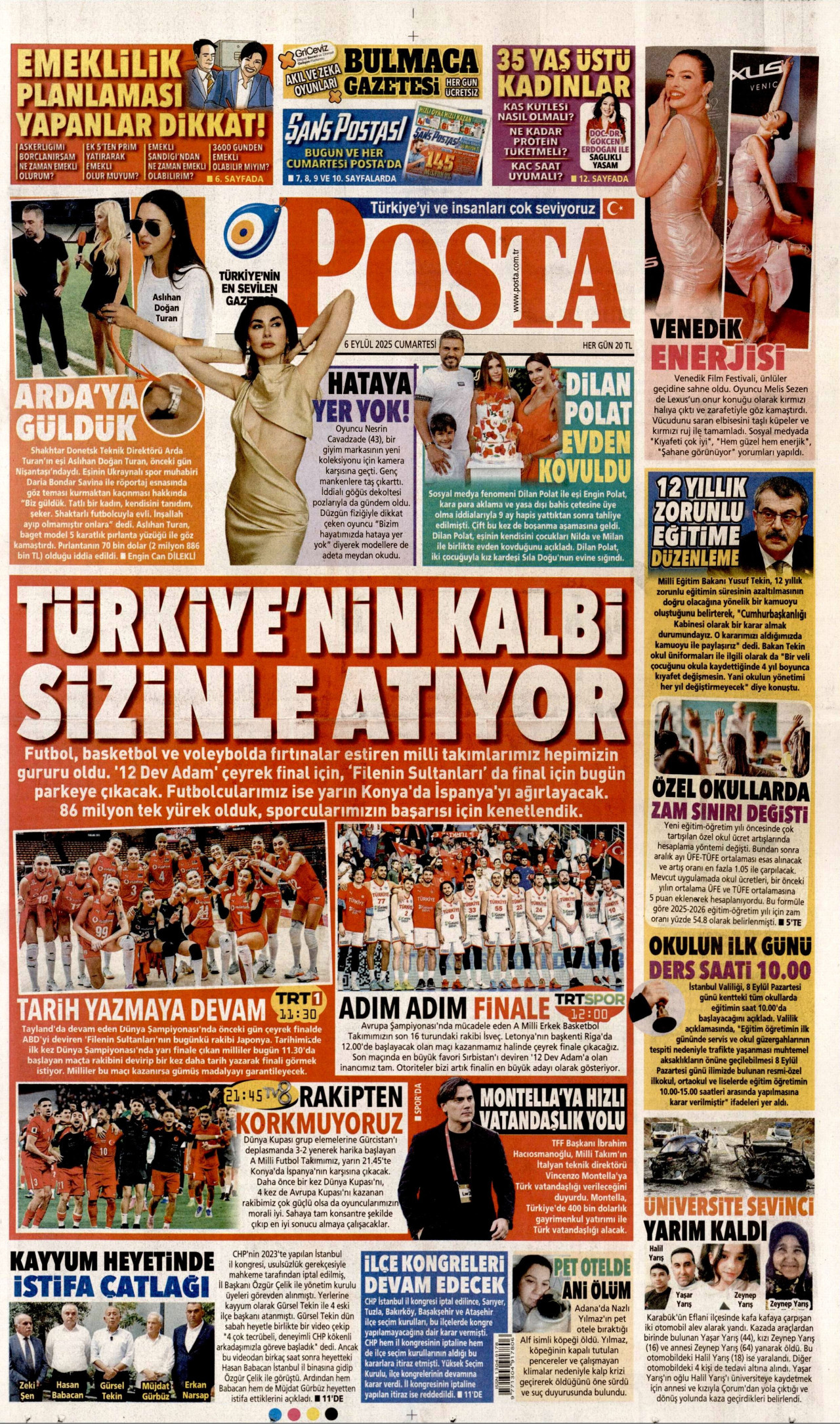 POSTA gazetesinin 6 Eylül 2025 tarihli birinci sayfası