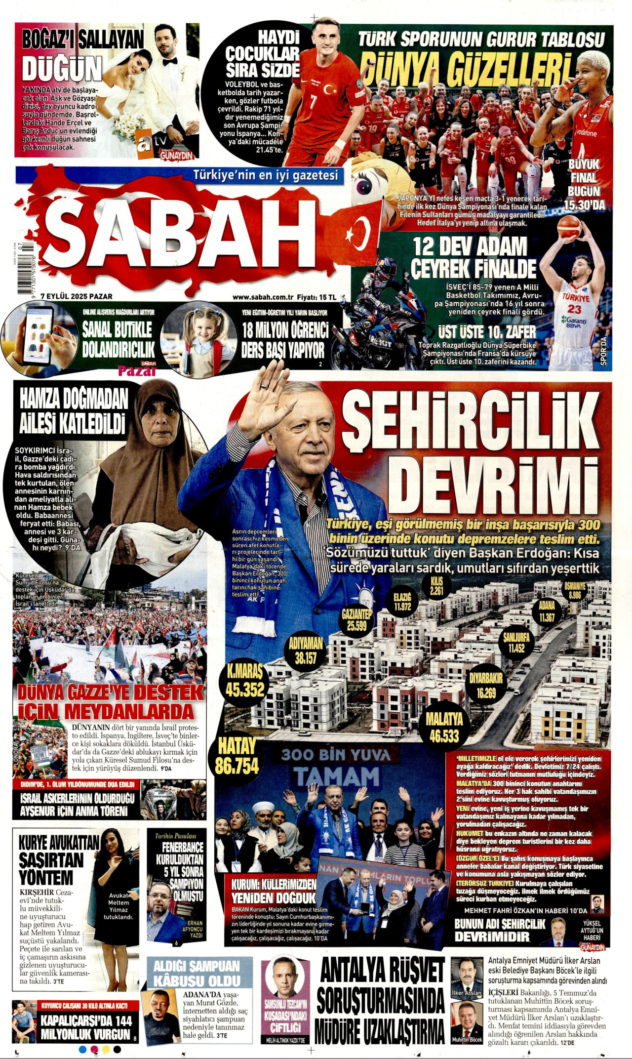 SABAH gazetesinin 7 Eylül 2025 tarihli birinci sayfası