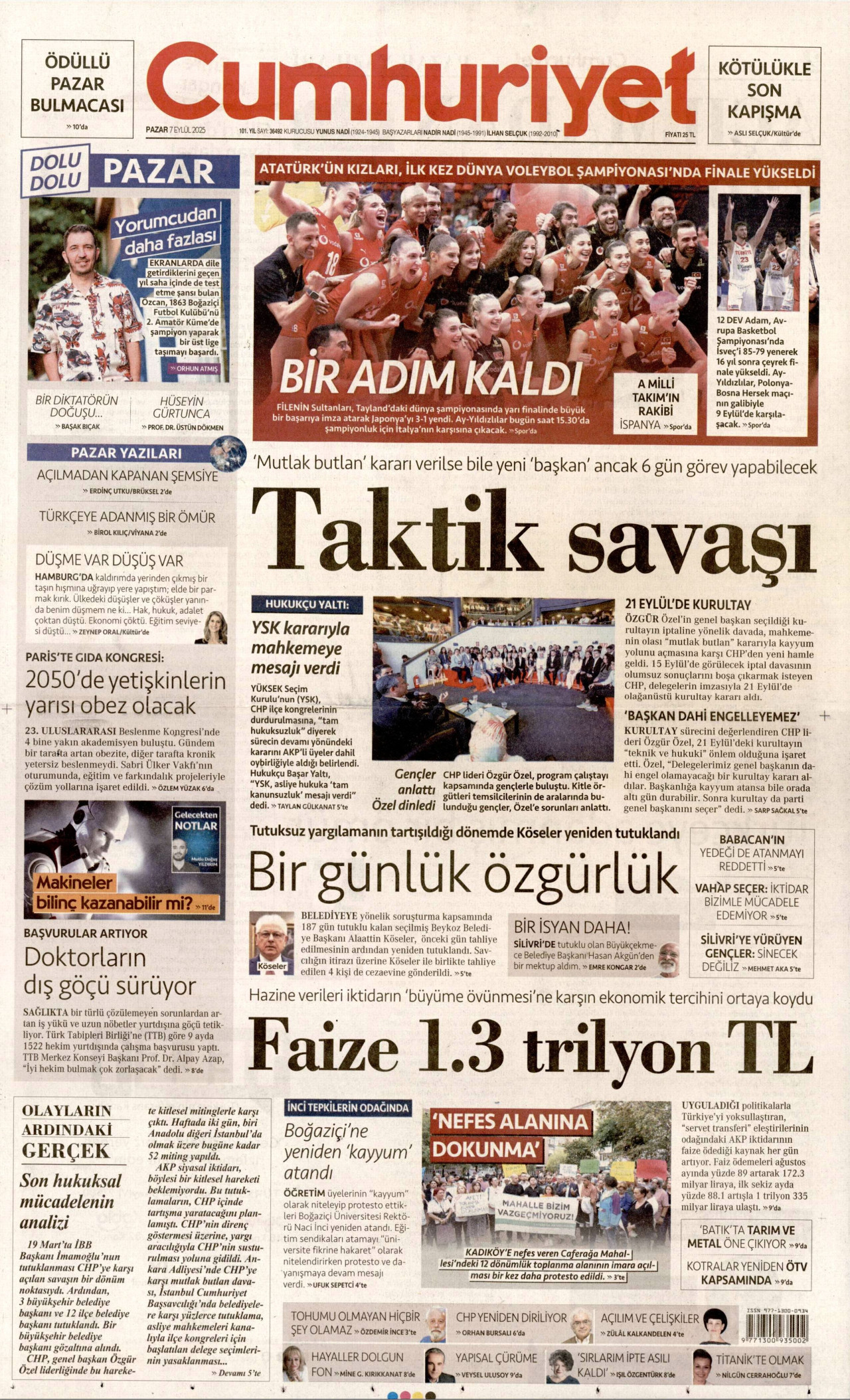 CUMHURİYET gazetesinin 7 Eylül 2025 tarihli birinci sayfası