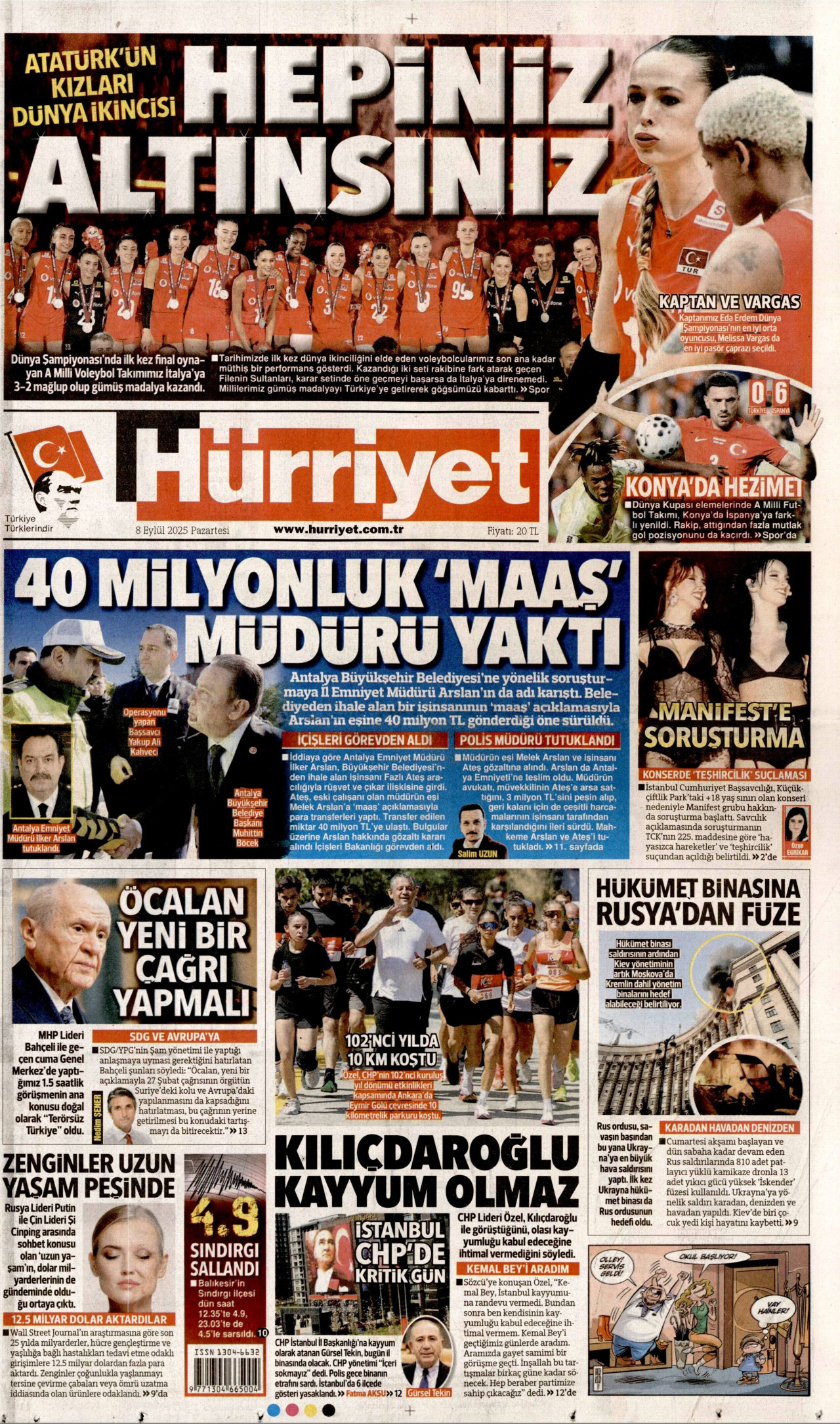 HÜRRİYET gazetesinin 8 Eylül 2025 tarihli birinci sayfası