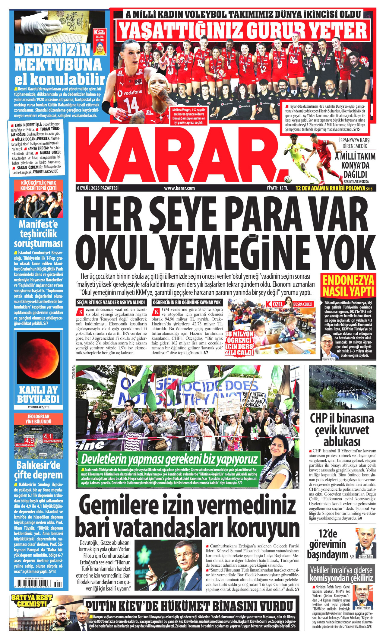 KARAR gazetesinin 8 Eylül 2025 tarihli birinci sayfası