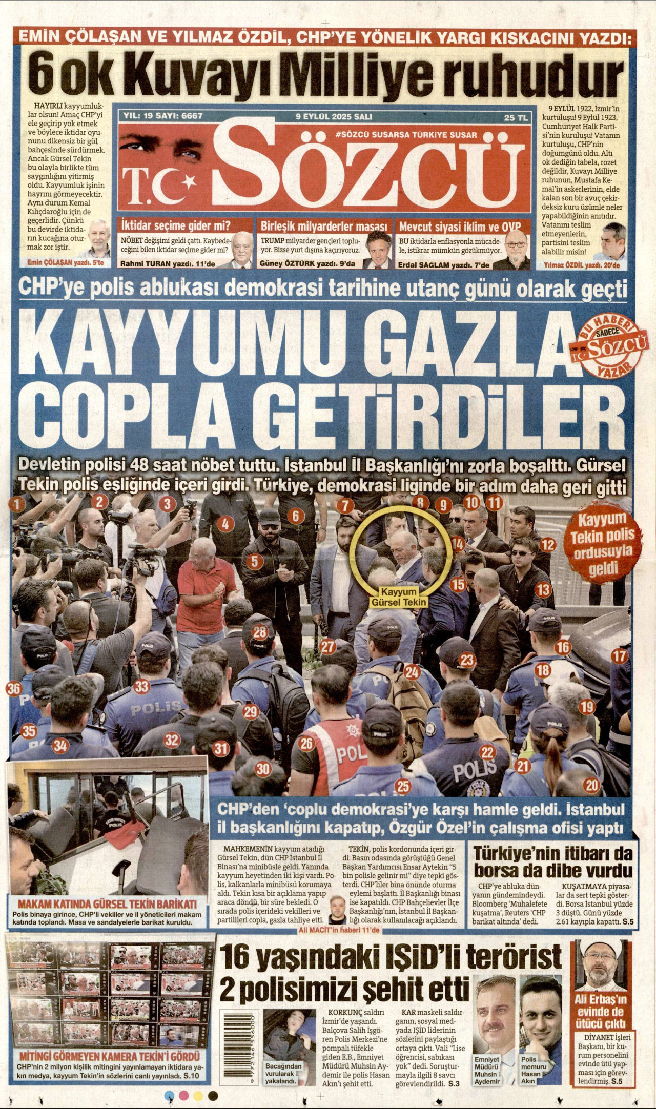 SÖZCÜ gazetesinin 9 Eylül 2025 tarihli birinci sayfası