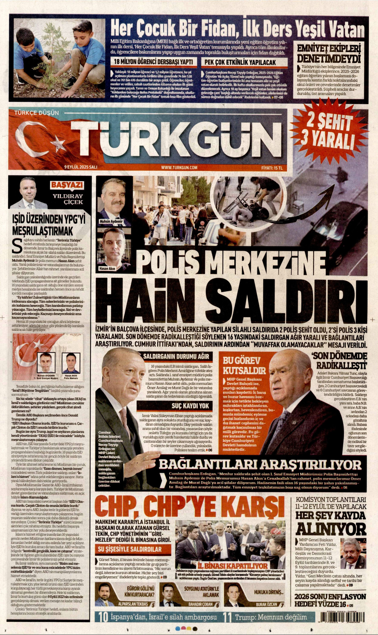 TÜRKGÜN gazetesinin 9 Eylül 2025 tarihli birinci sayfası