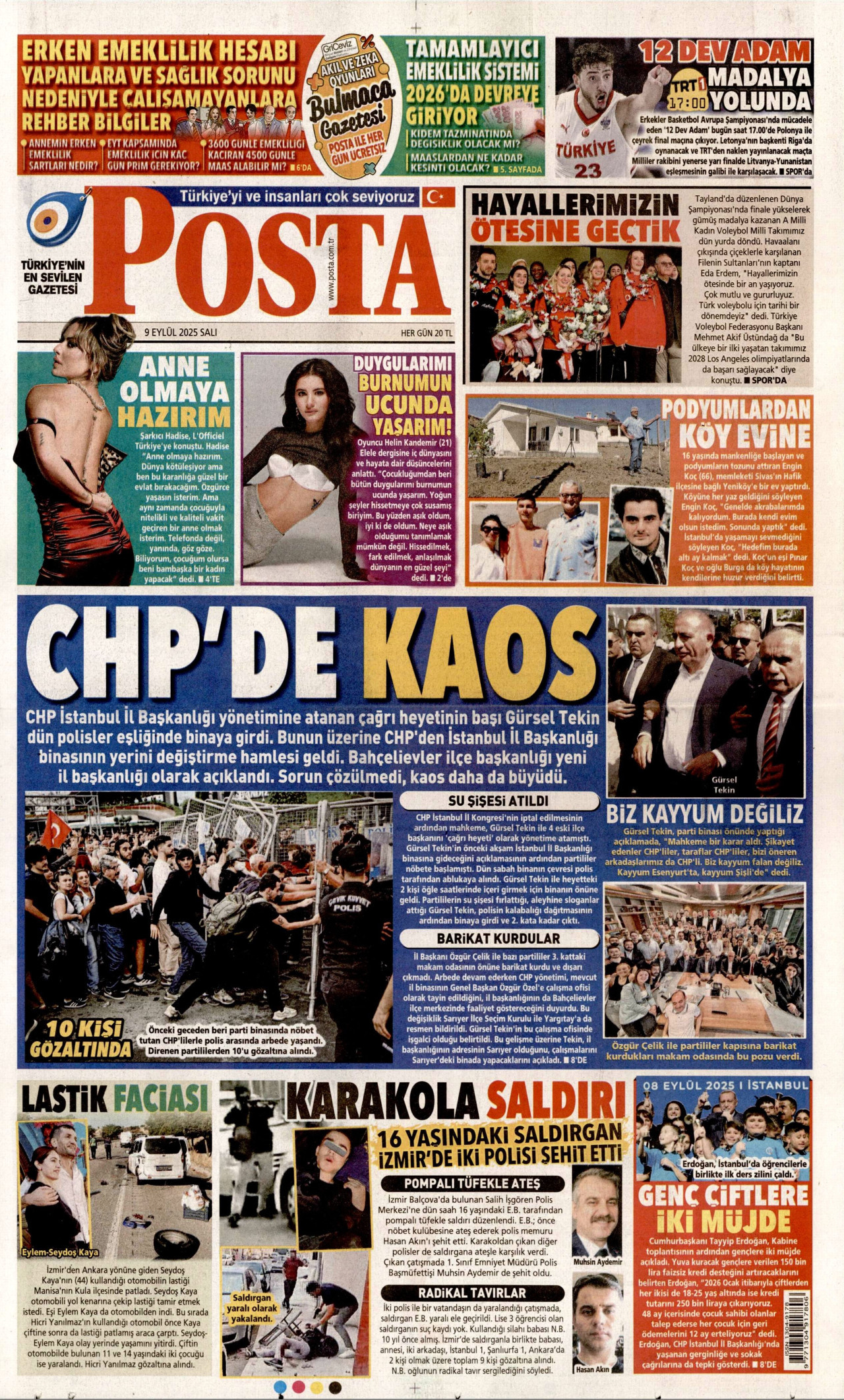 POSTA gazetesinin 9 Eylül 2025 tarihli birinci sayfası