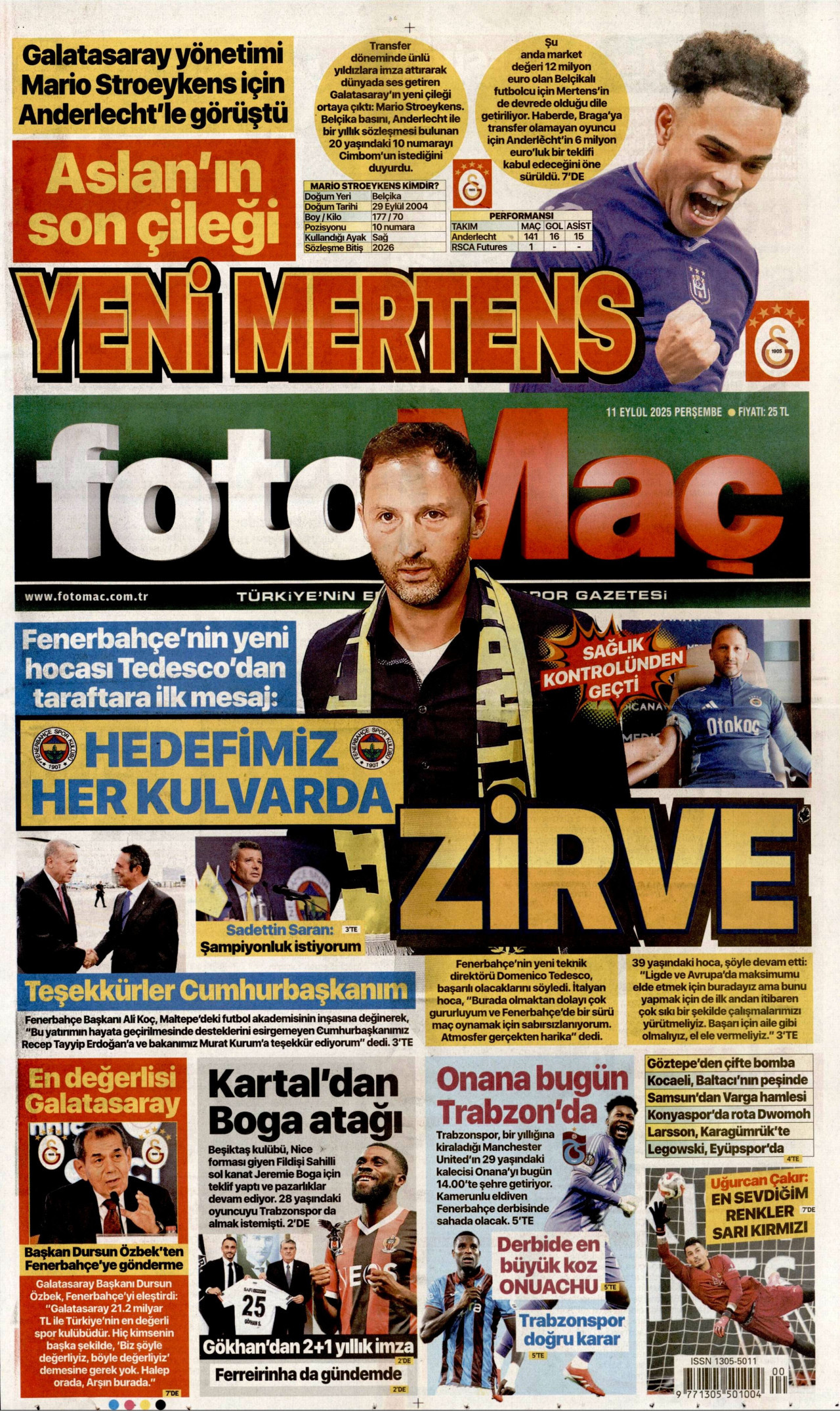 FOTOMAÇ gazetesinin 11 Eylül 2025 tarihli birinci sayfası