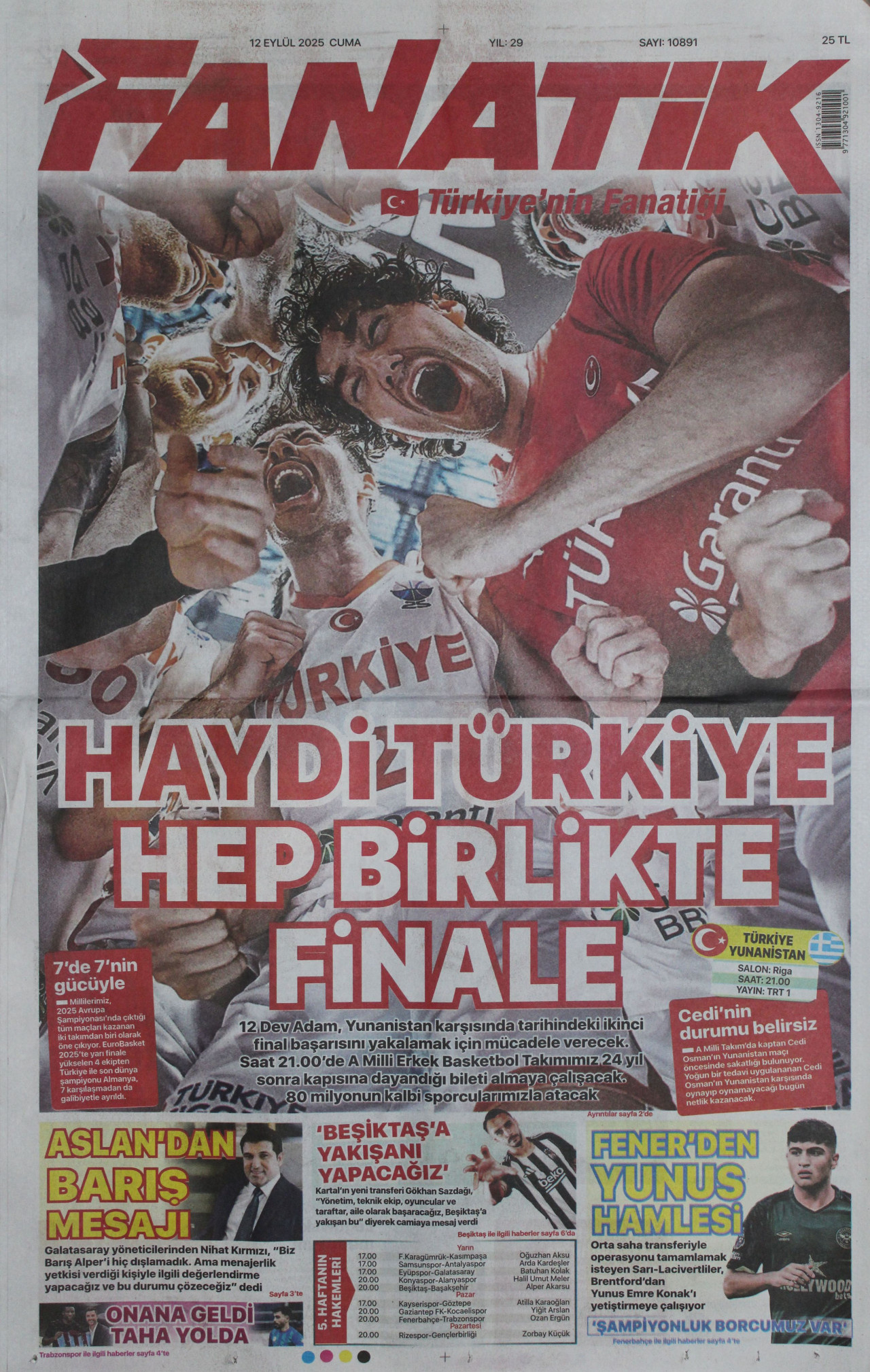 FANATİK gazetesinin 12 Eylül 2025 tarihli birinci sayfası