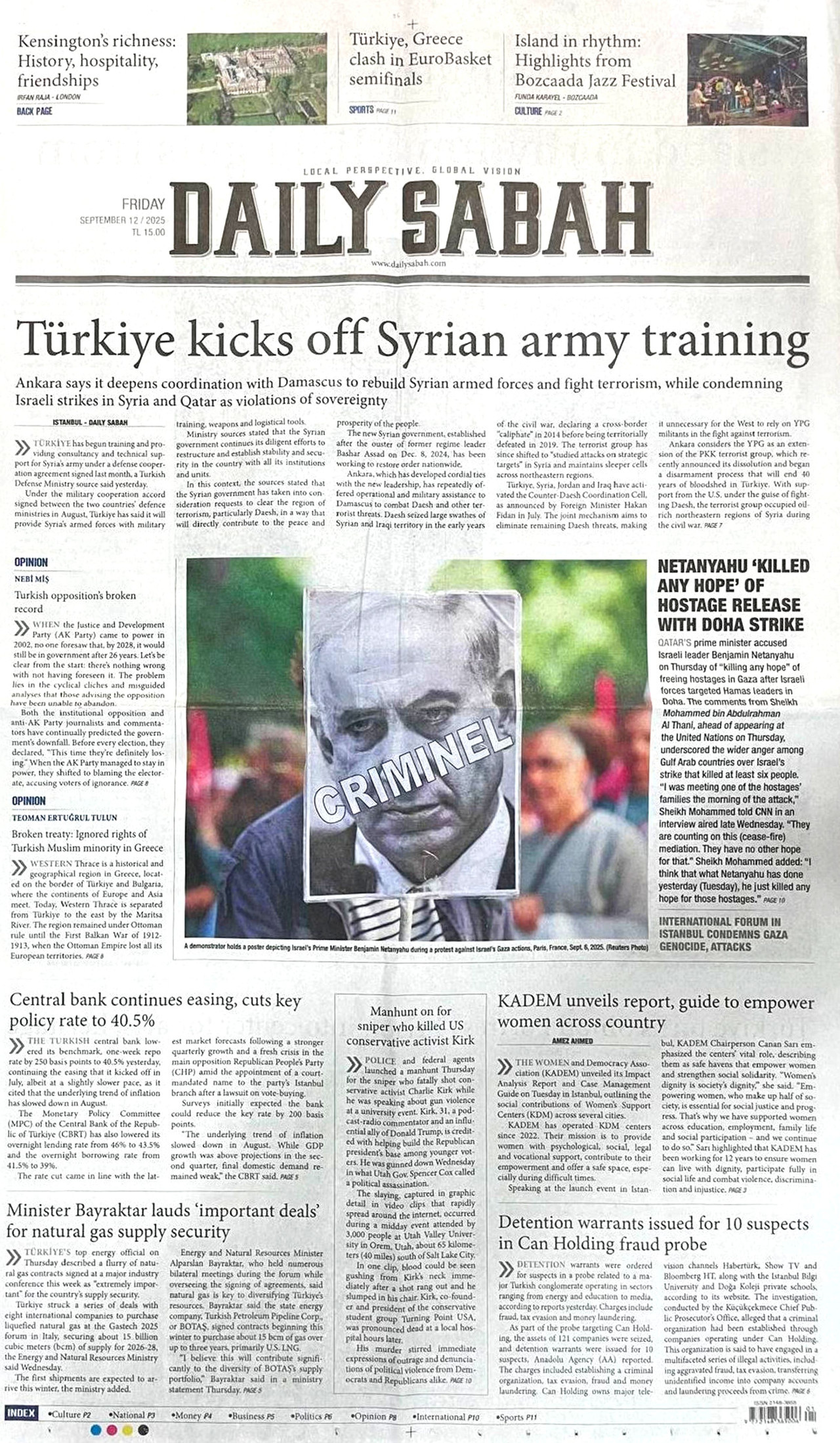 DAİLY SABAH gazetesinin 12 Eylül 2025 tarihli birinci sayfası