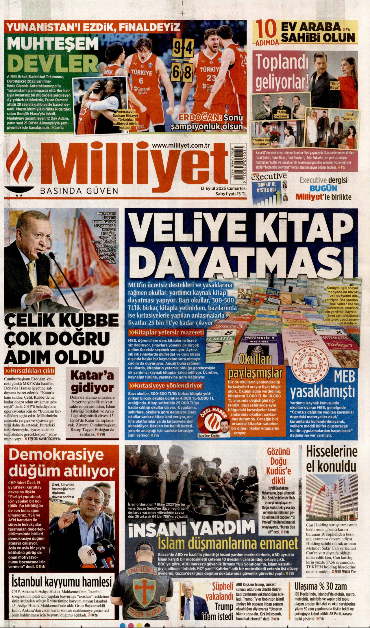 MİLLİYET gazetesinin 13 Eylül 2025 tarihli birinci sayfası