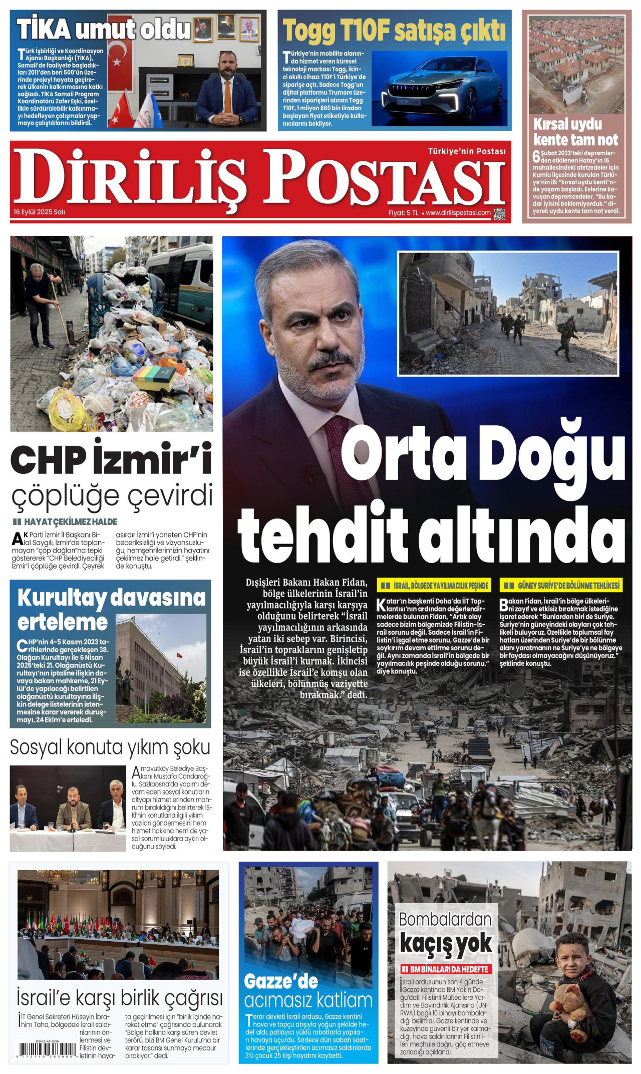 DİRİLİŞ POSTASI gazetesinin 16 Eylül 2025 tarihli birinci sayfası