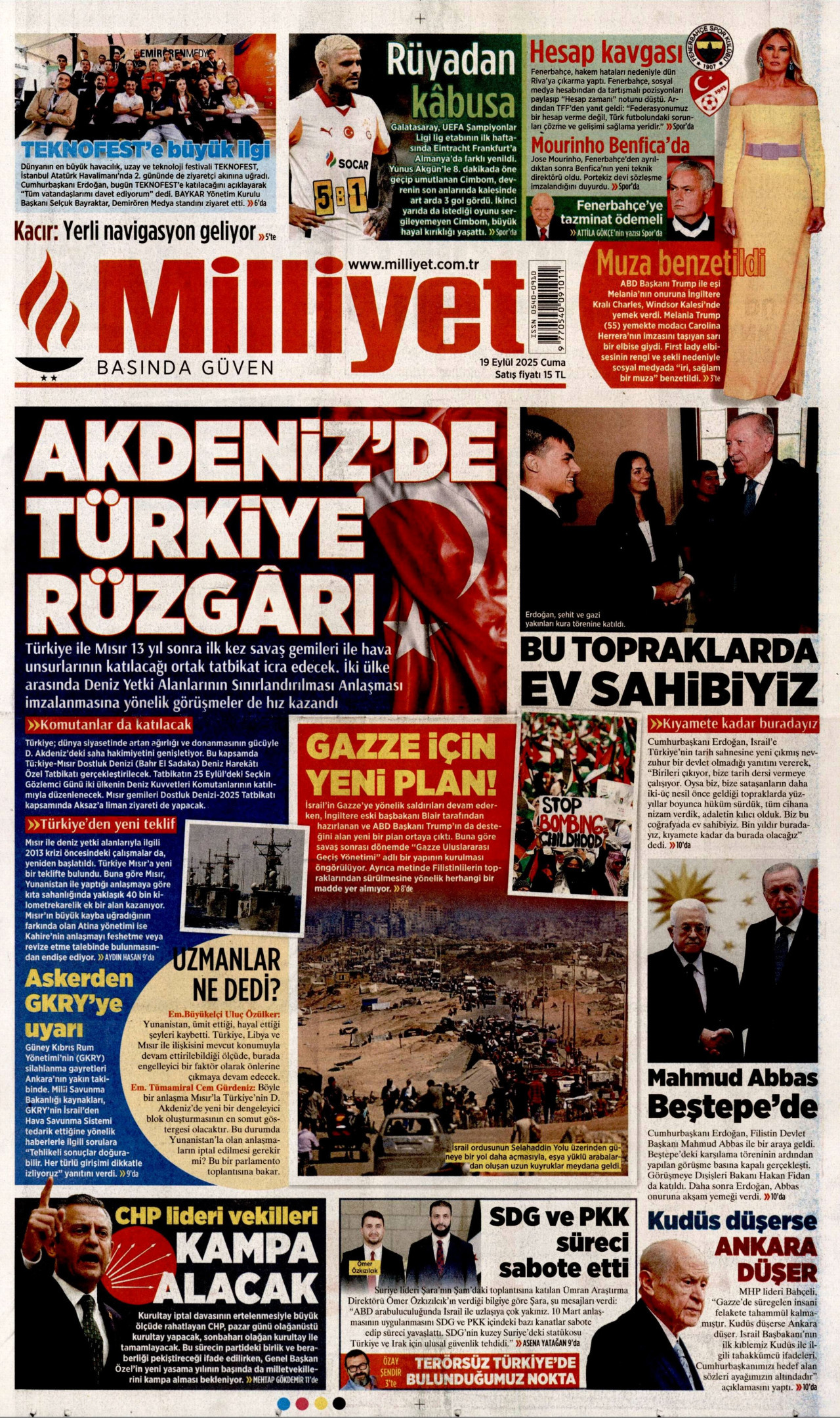 MİLLİYET gazetesinin 19 Eylül 2025 tarihli birinci sayfası