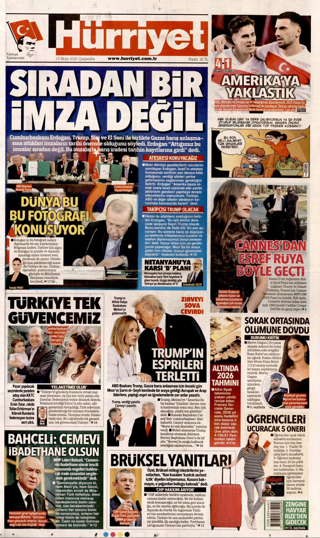 HÜRRİYET gazetesinin 15 Ekim 2025 tarihli birinci sayfası
