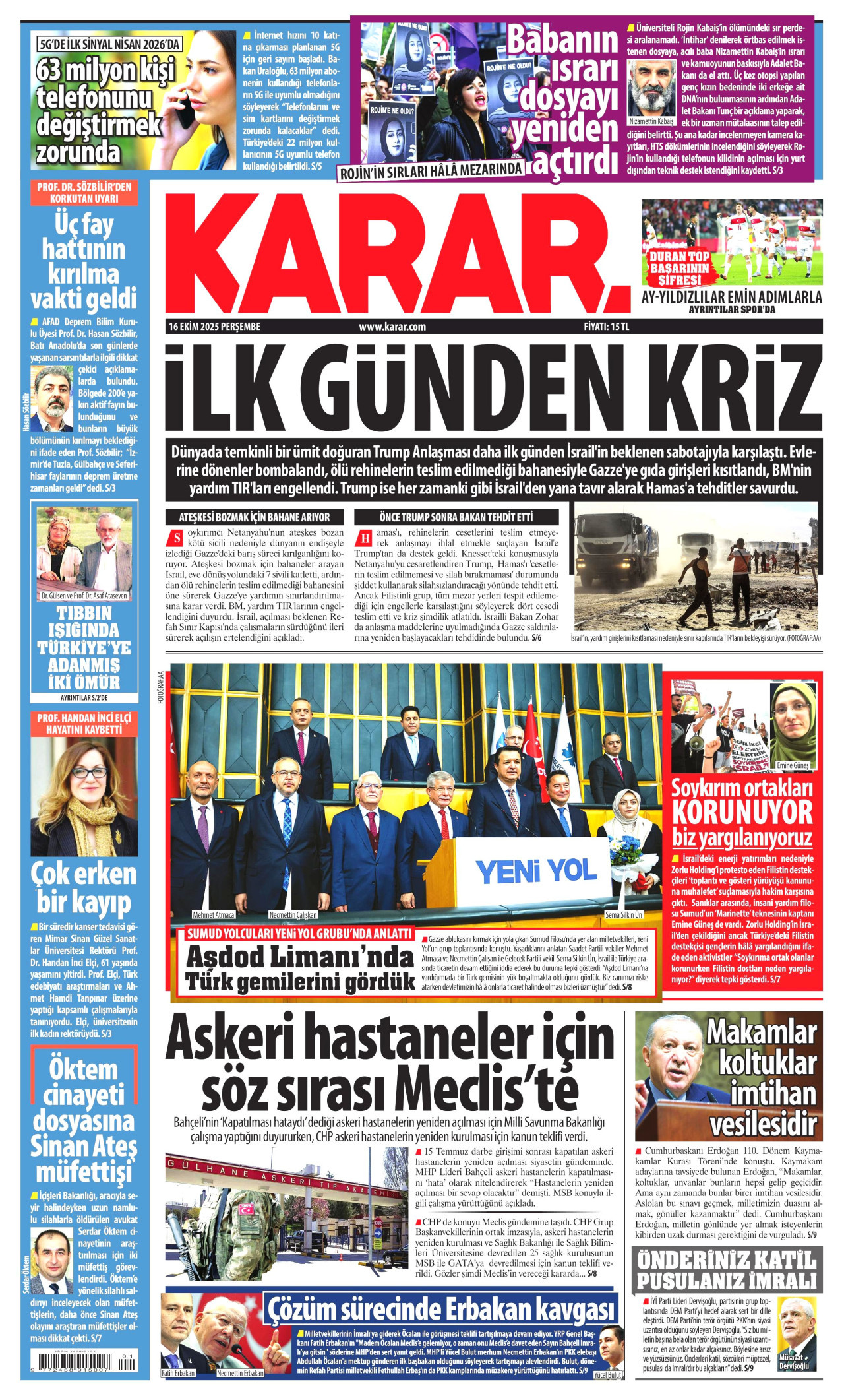 KARAR gazetesinin 16 Ekim 2025 tarihli birinci sayfası
