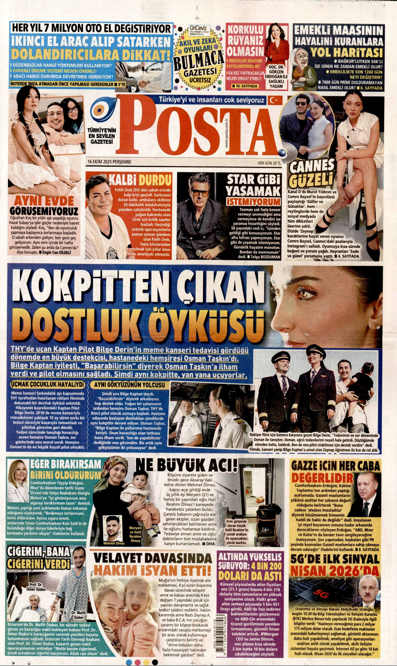 POSTA gazetesinin 16 Ekim 2025 tarihli birinci sayfası