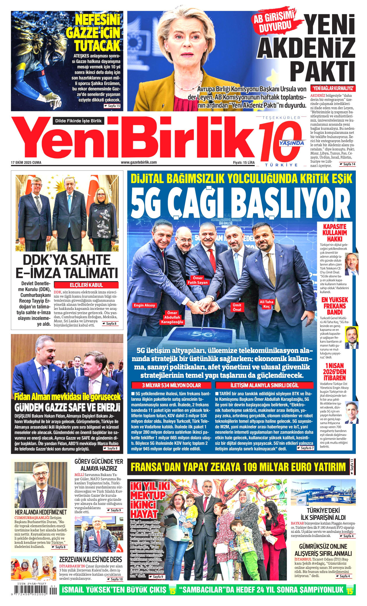 YENİBİRLİK gazetesinin 17 Ekim 2025 tarihli birinci sayfası
