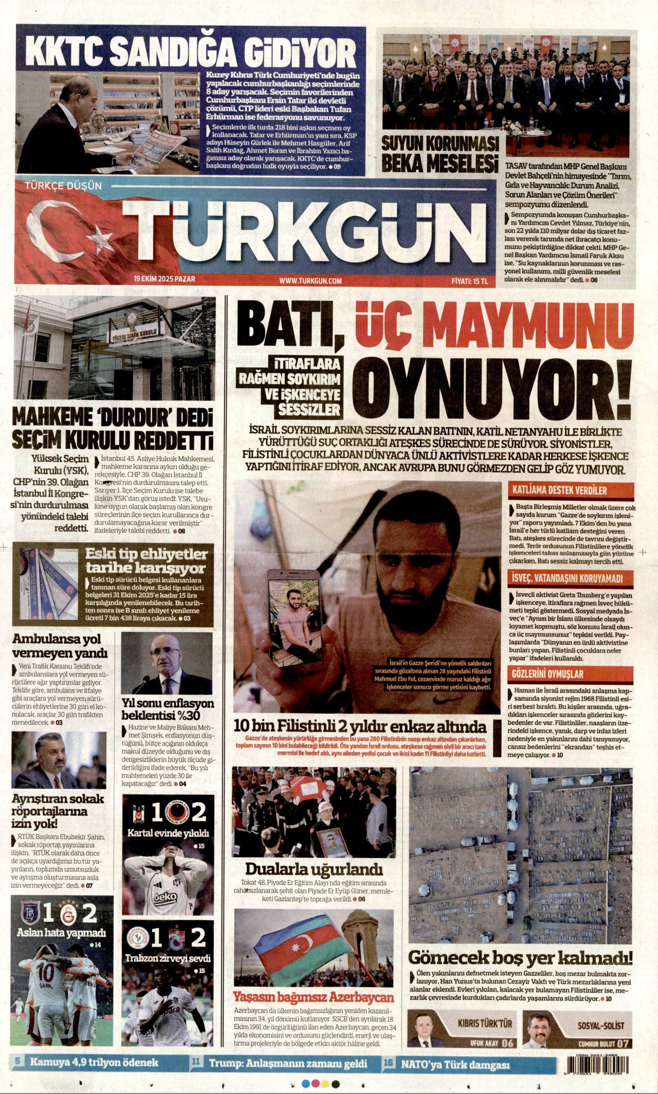 TÜRKGÜN gazetesinin 19 Ekim 2025 tarihli birinci sayfası