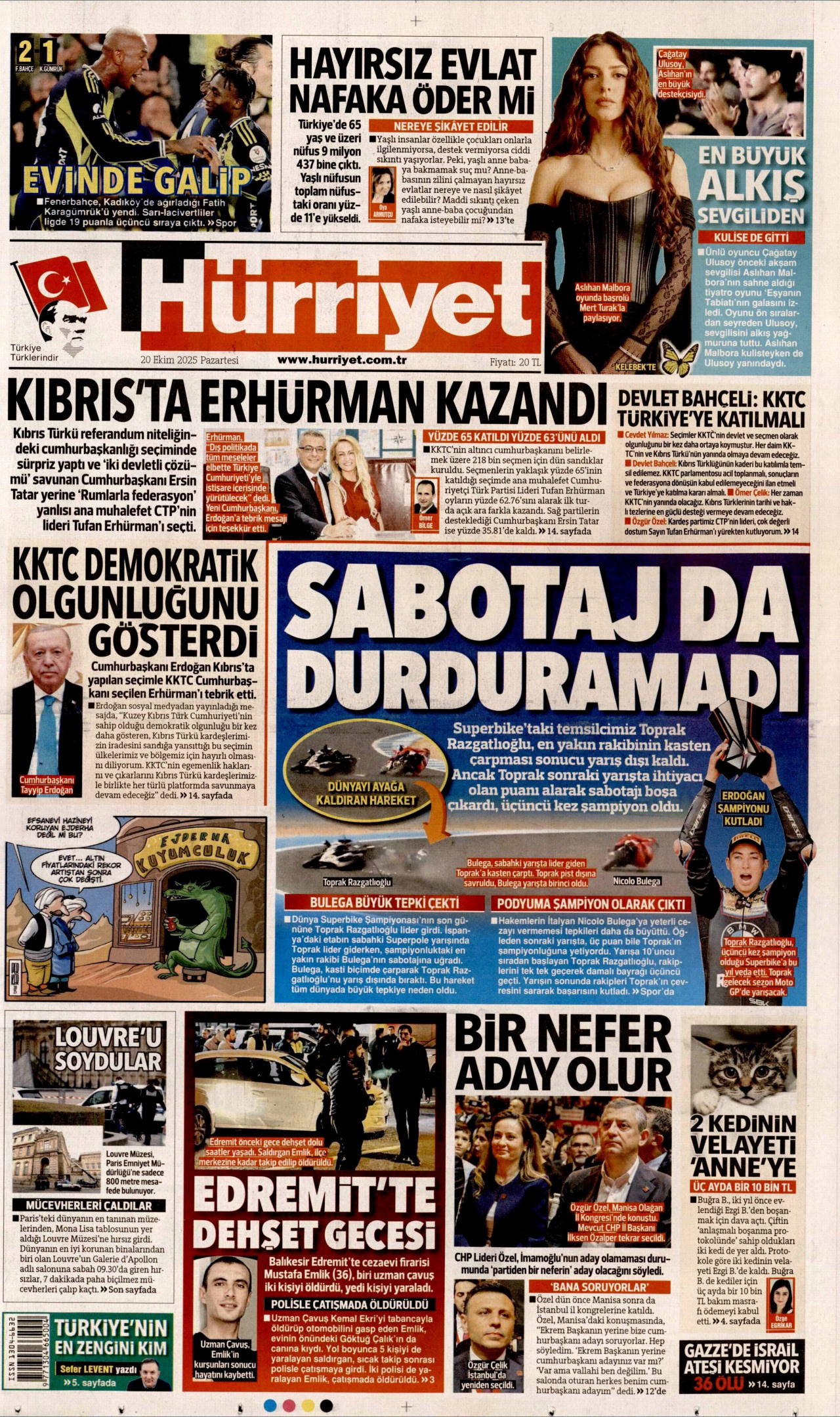 HÜRRİYET gazetesinin 20 Ekim 2025 tarihli birinci sayfası