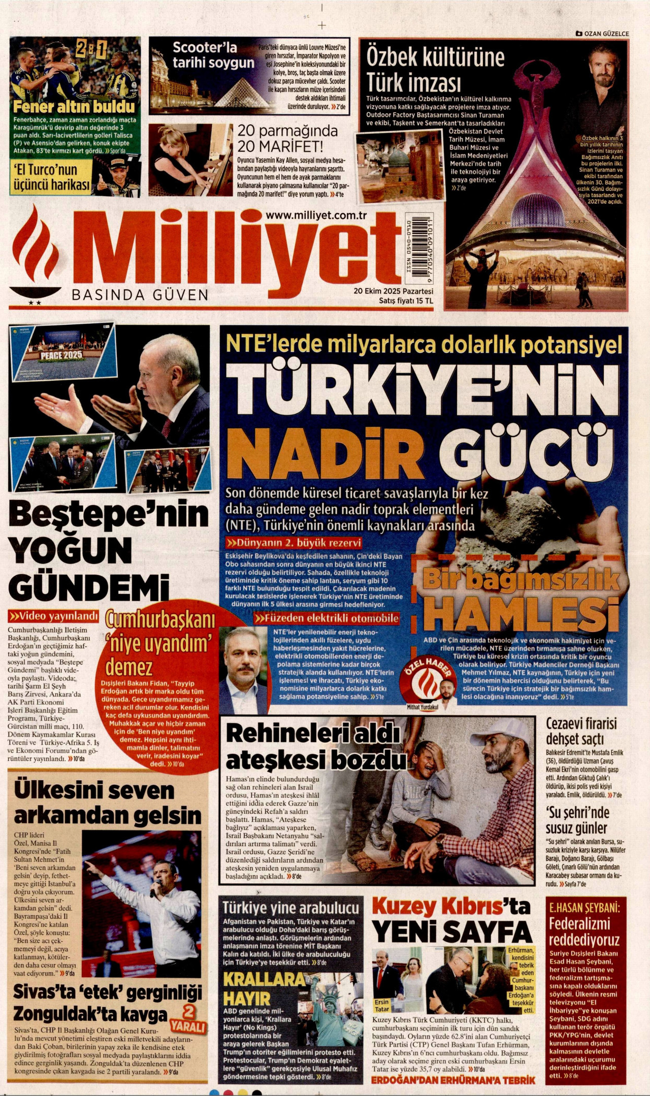 MİLLİYET gazetesinin 20 Ekim 2025 tarihli birinci sayfası