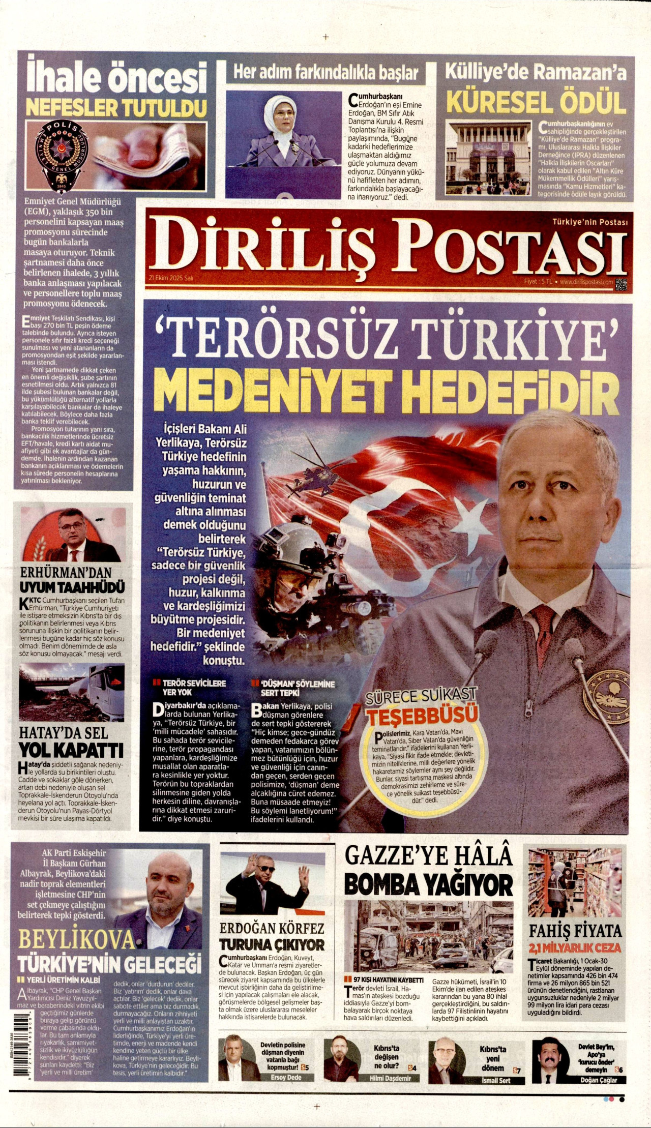 DİRİLİŞ POSTASI gazetesinin 21 Ekim 2025 tarihli birinci sayfası