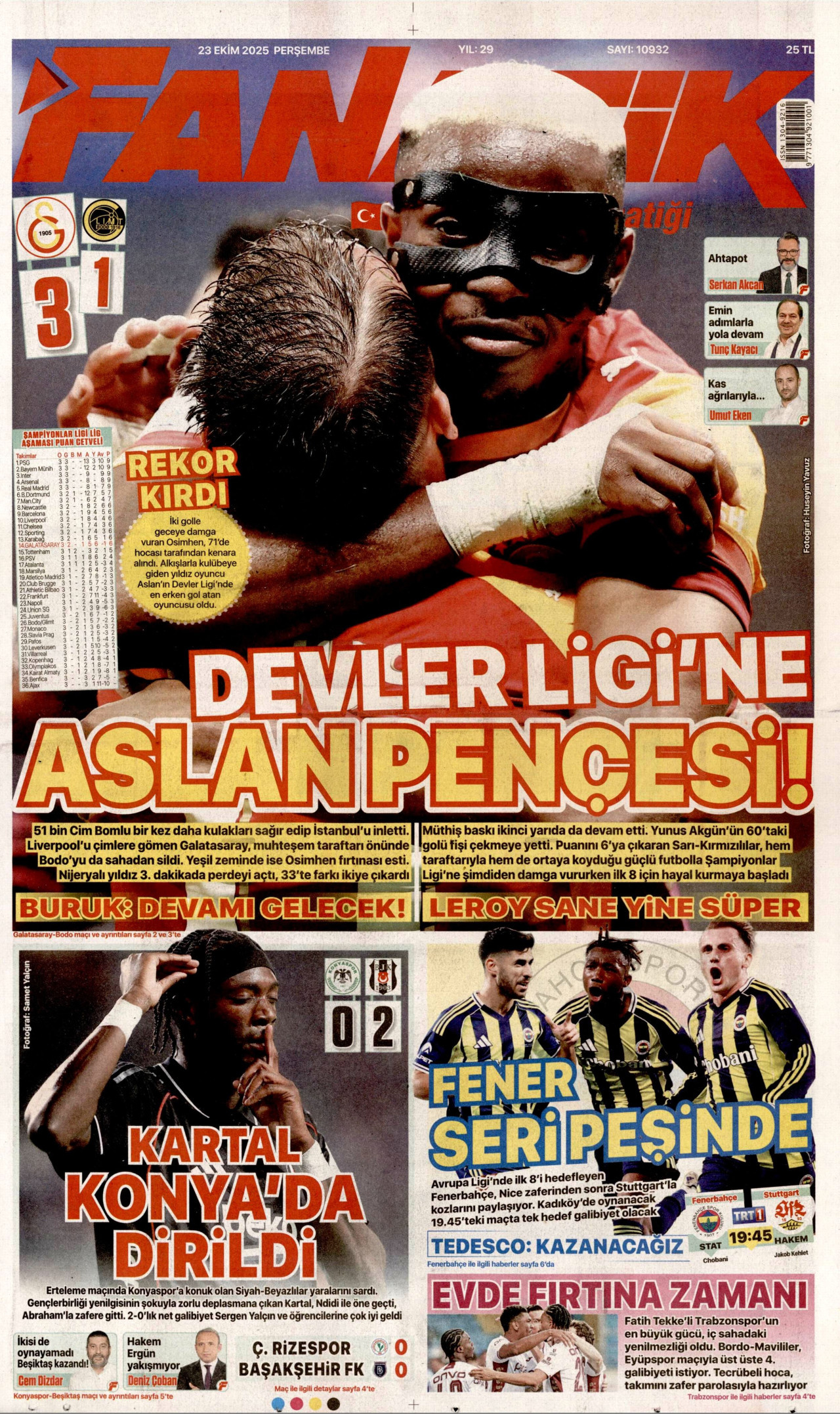 FANATİK gazetesinin 23 Ekim 2025 tarihli birinci sayfası