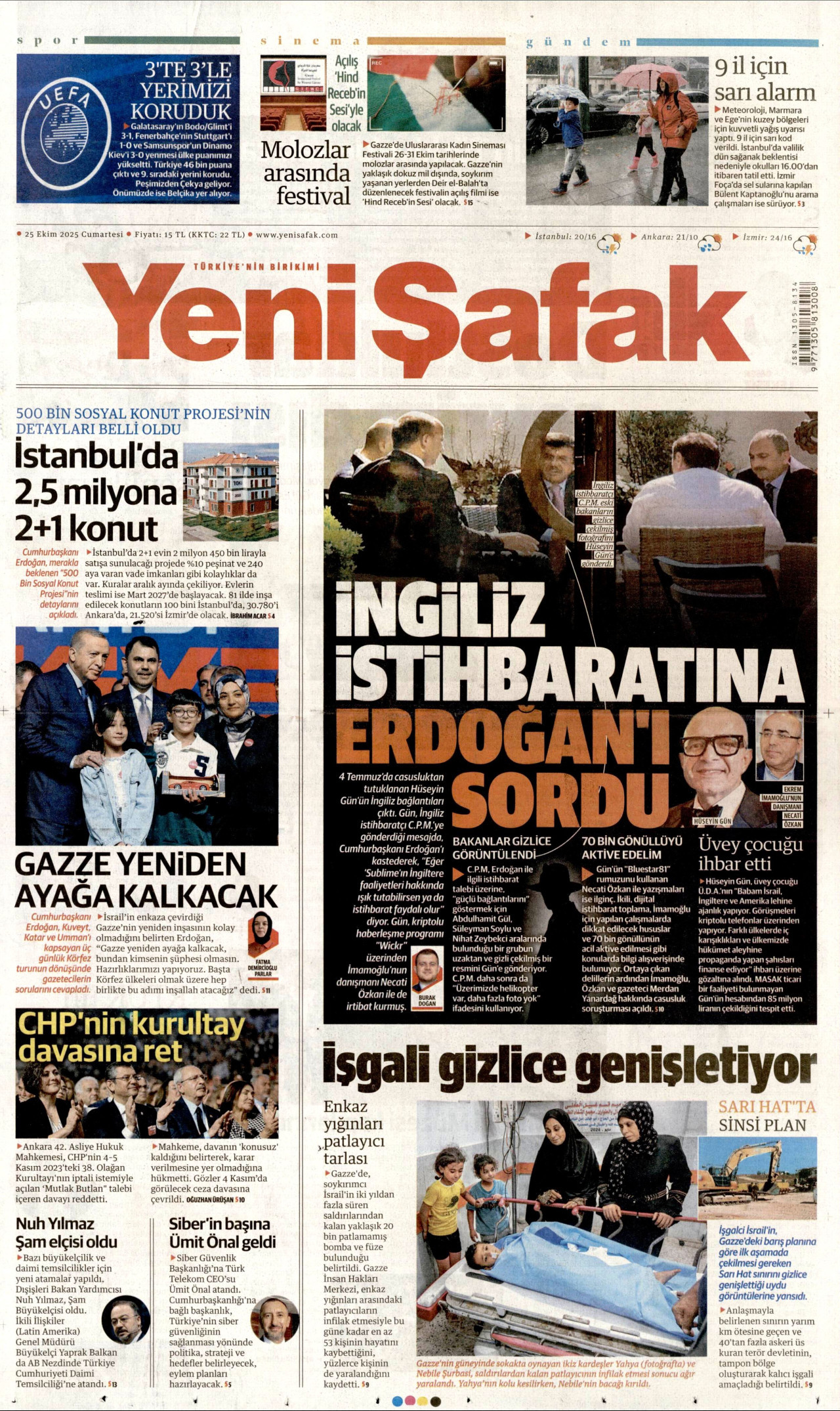 YENİ ŞAFAK gazetesinin 25 Ekim 2025 tarihli birinci sayfası