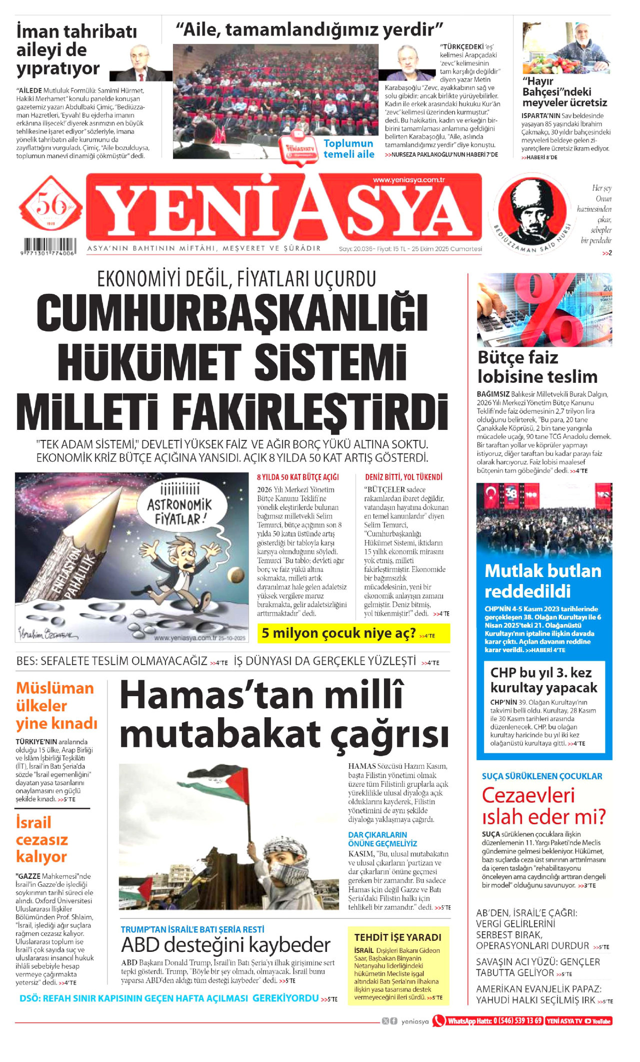 YENİ ASYA gazetesinin 25 Ekim 2025 tarihli birinci sayfası