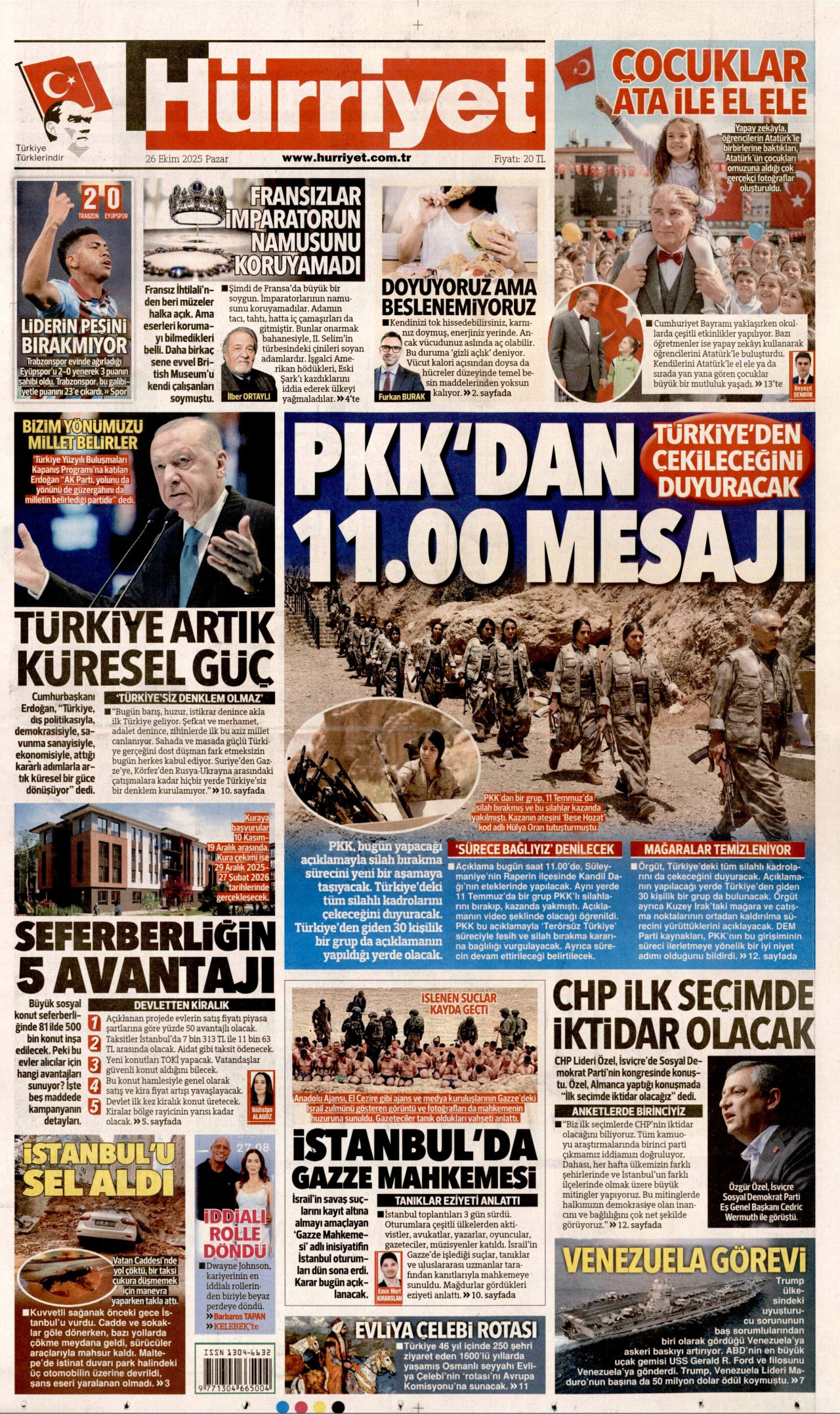 HÜRRİYET gazetesinin 26 Ekim 2025 tarihli birinci sayfası
