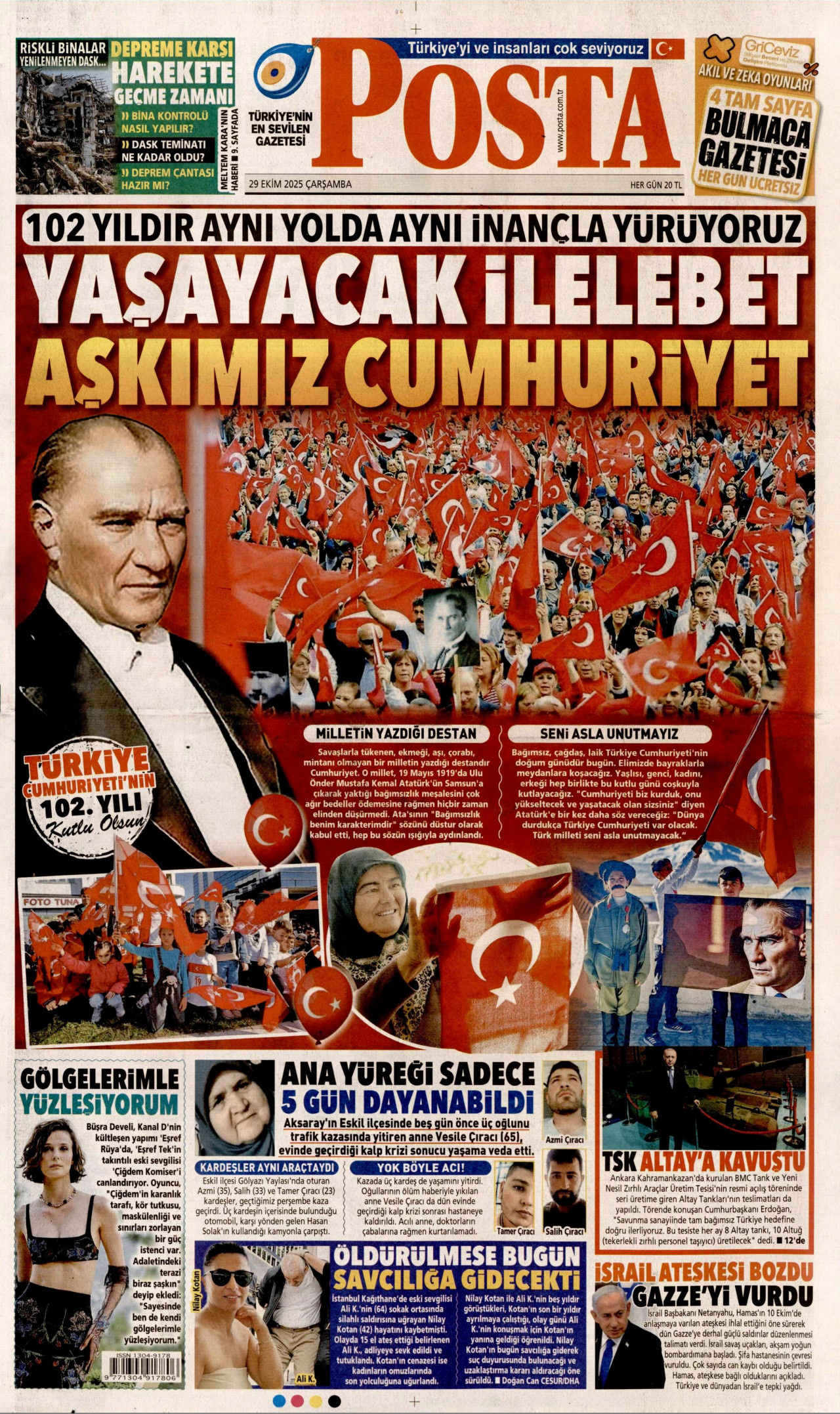 POSTA gazetesinin 29 Ekim 2025 tarihli birinci sayfası