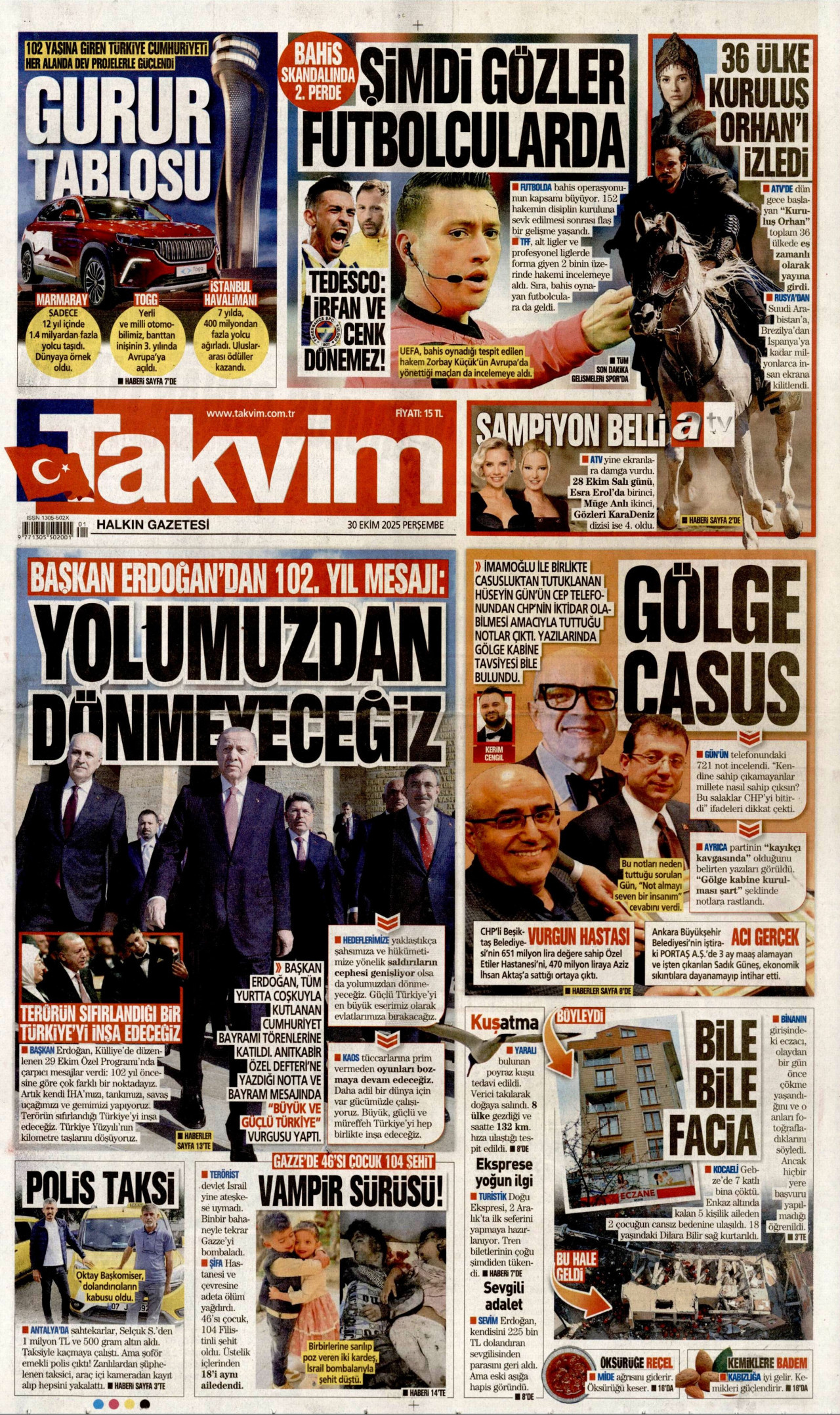 TAKVİM gazetesinin 30 Ekim 2025 tarihli birinci sayfası