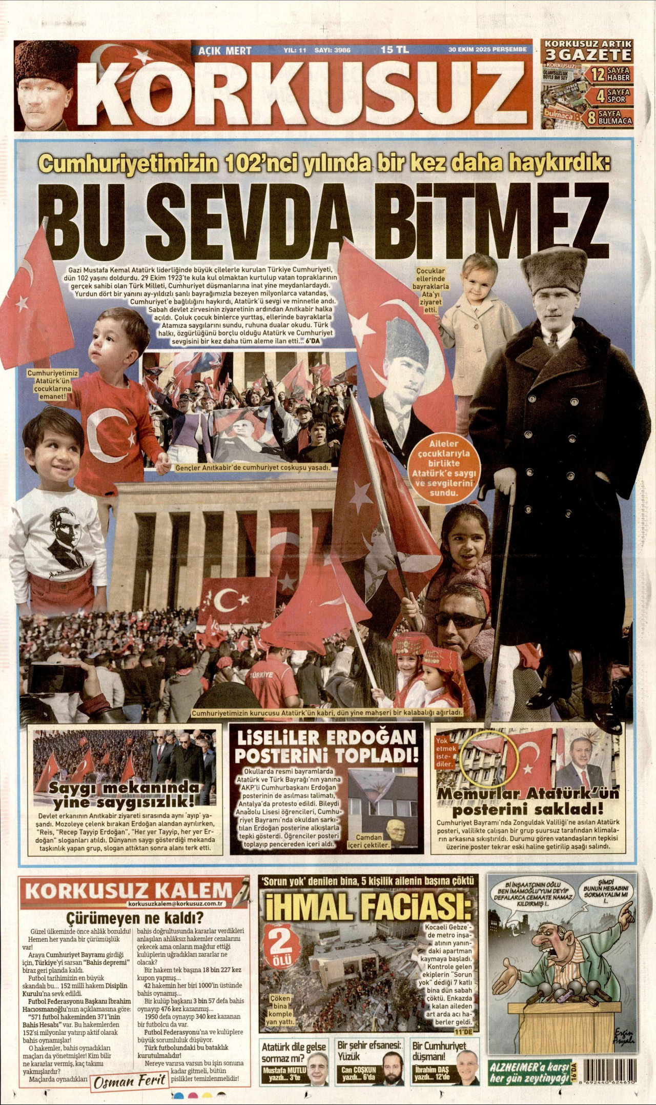 KORKUSUZ gazetesinin 30 Ekim 2025 tarihli birinci sayfası