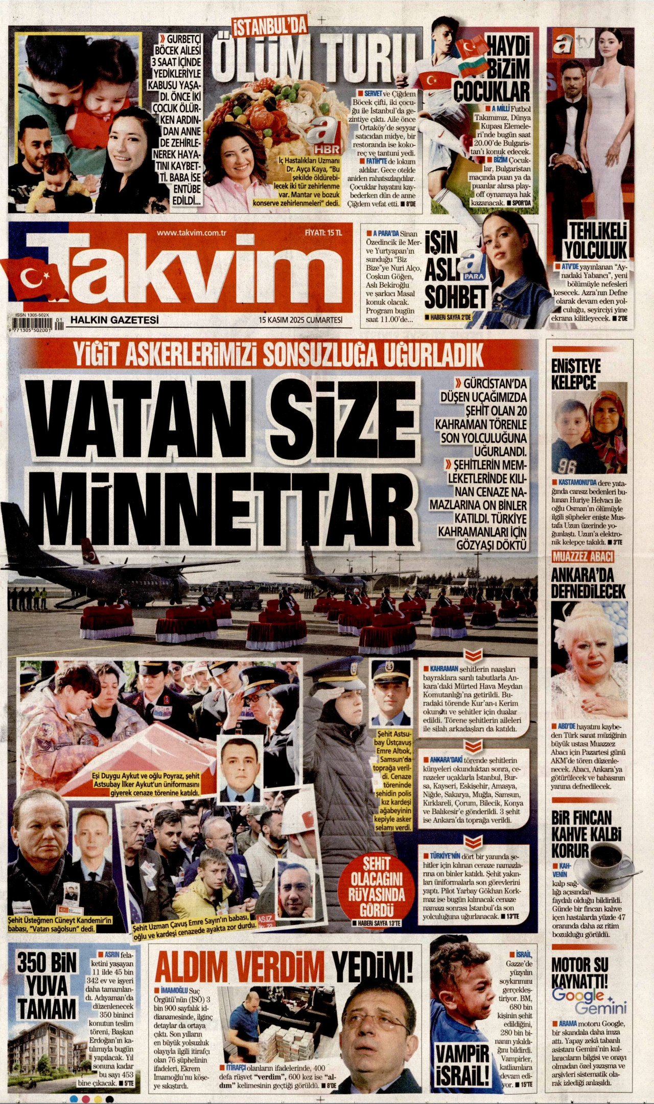 TAKVİM gazetesinin 15 Kasım 2025 tarihli birinci sayfası